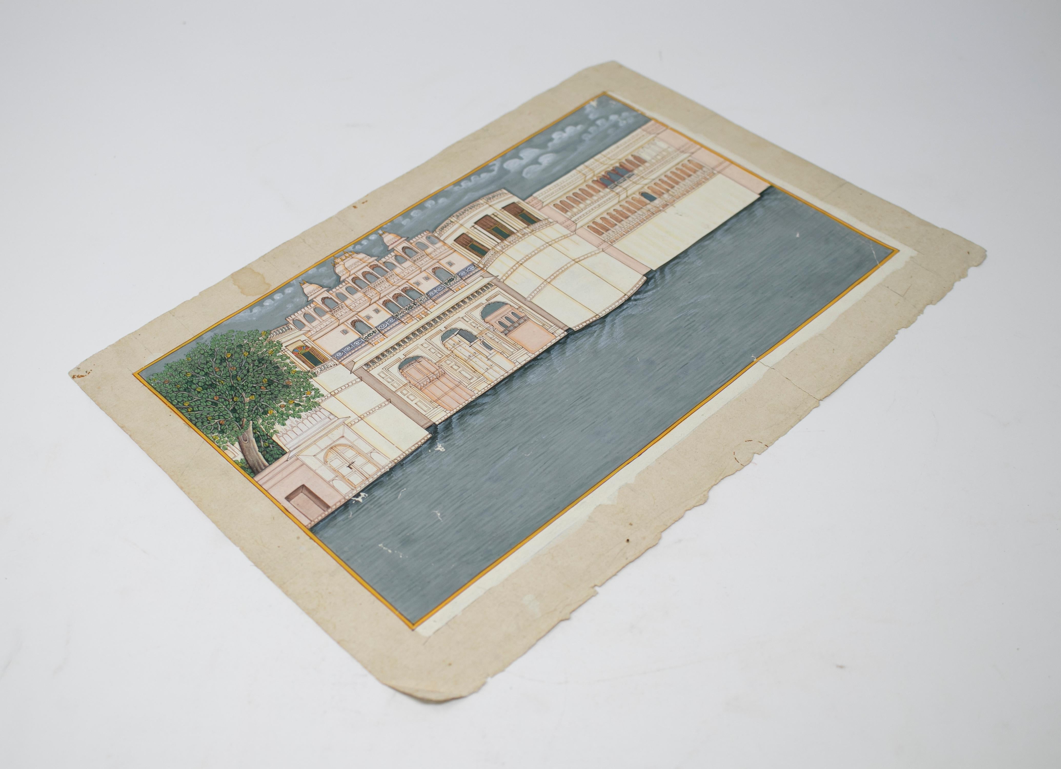 1970s Indian Paper Drawing of Palace In Good Condition For Sale In Marbella, ES