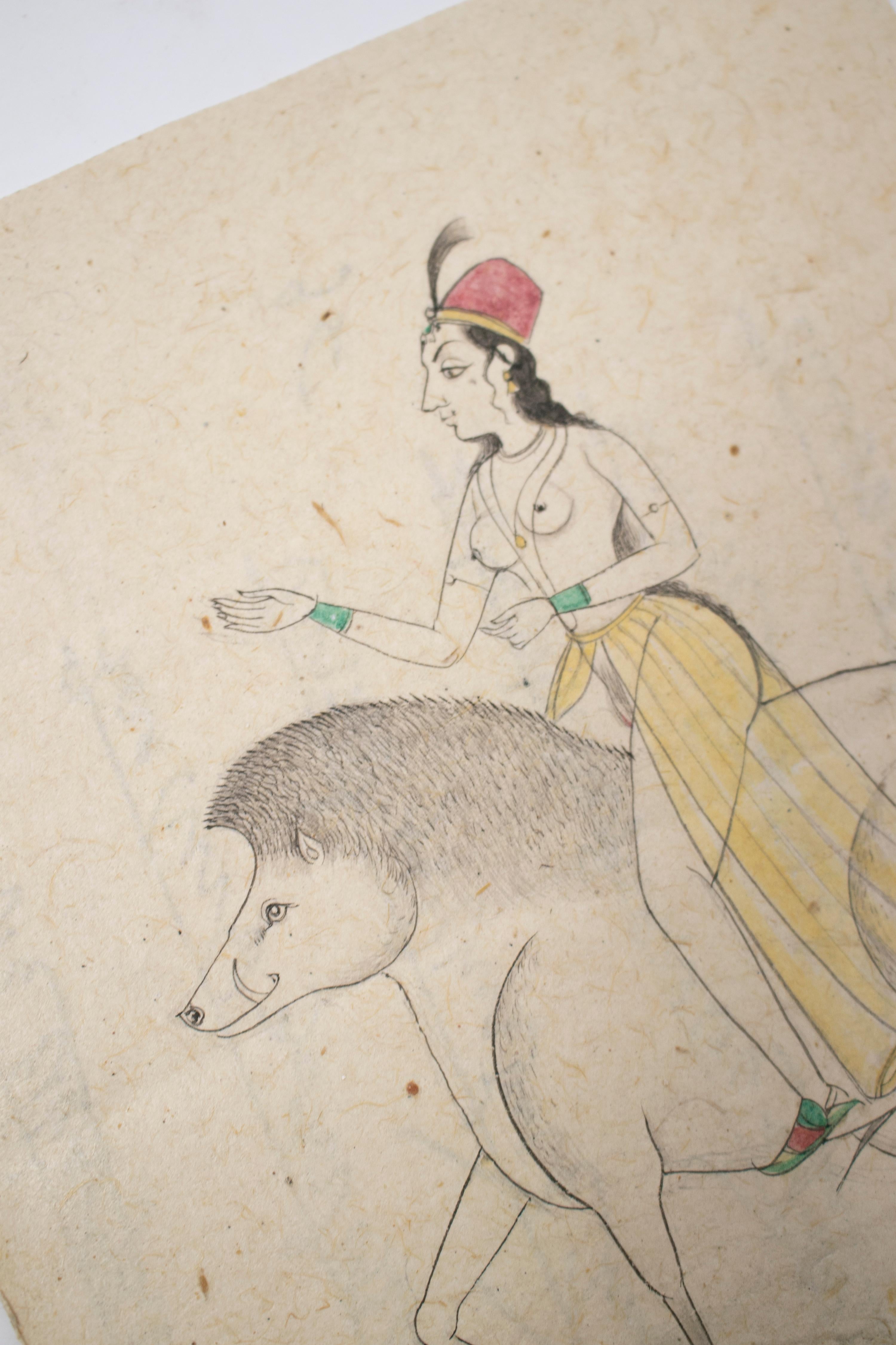 dessin indien des années 1970 sur papier représentant une femme chevauchant un tapir. Fait partie d'une grande collection privée.