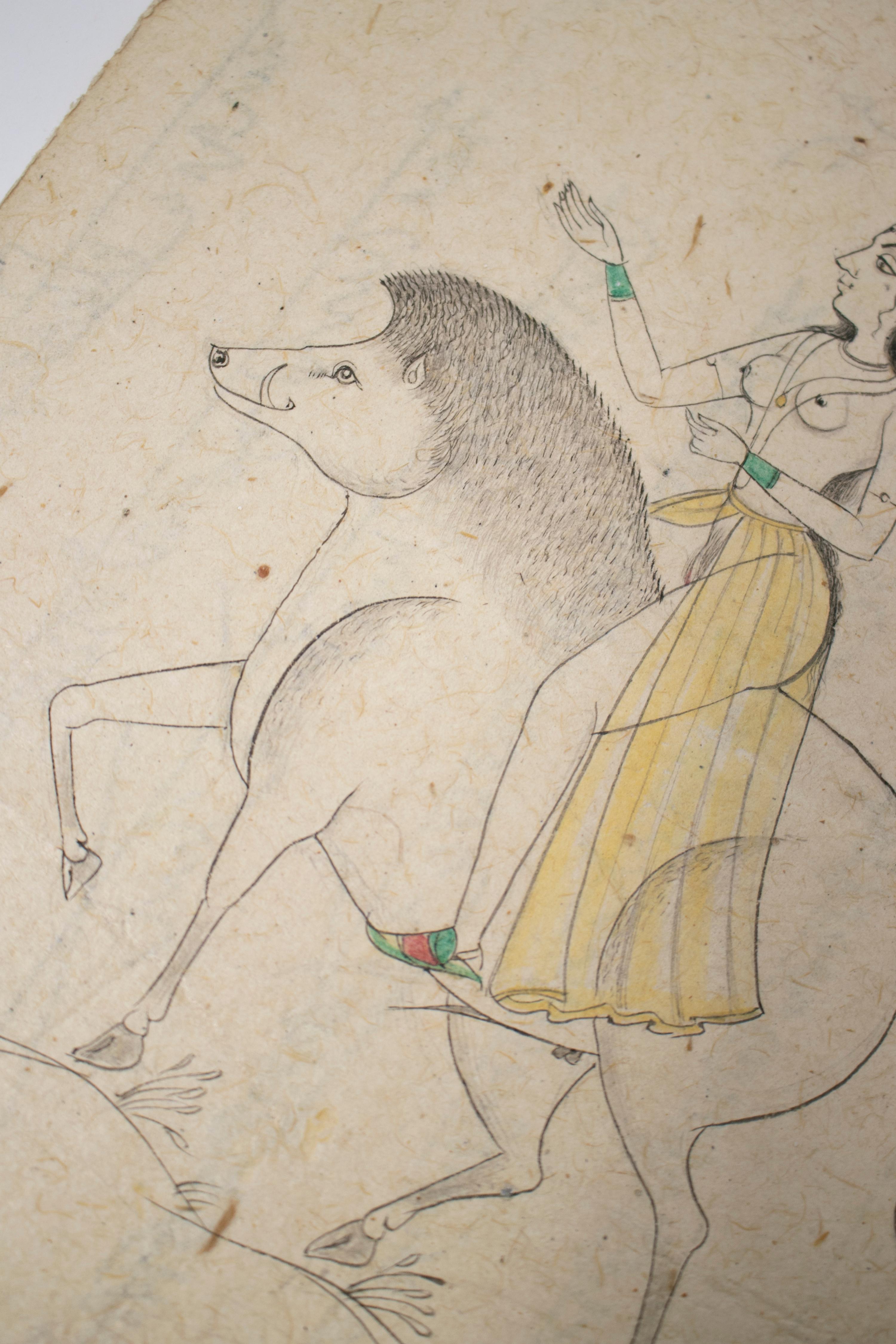 Indien dessin indien sur papier des années 1970 d'une femme chevauchant un tapir en vente