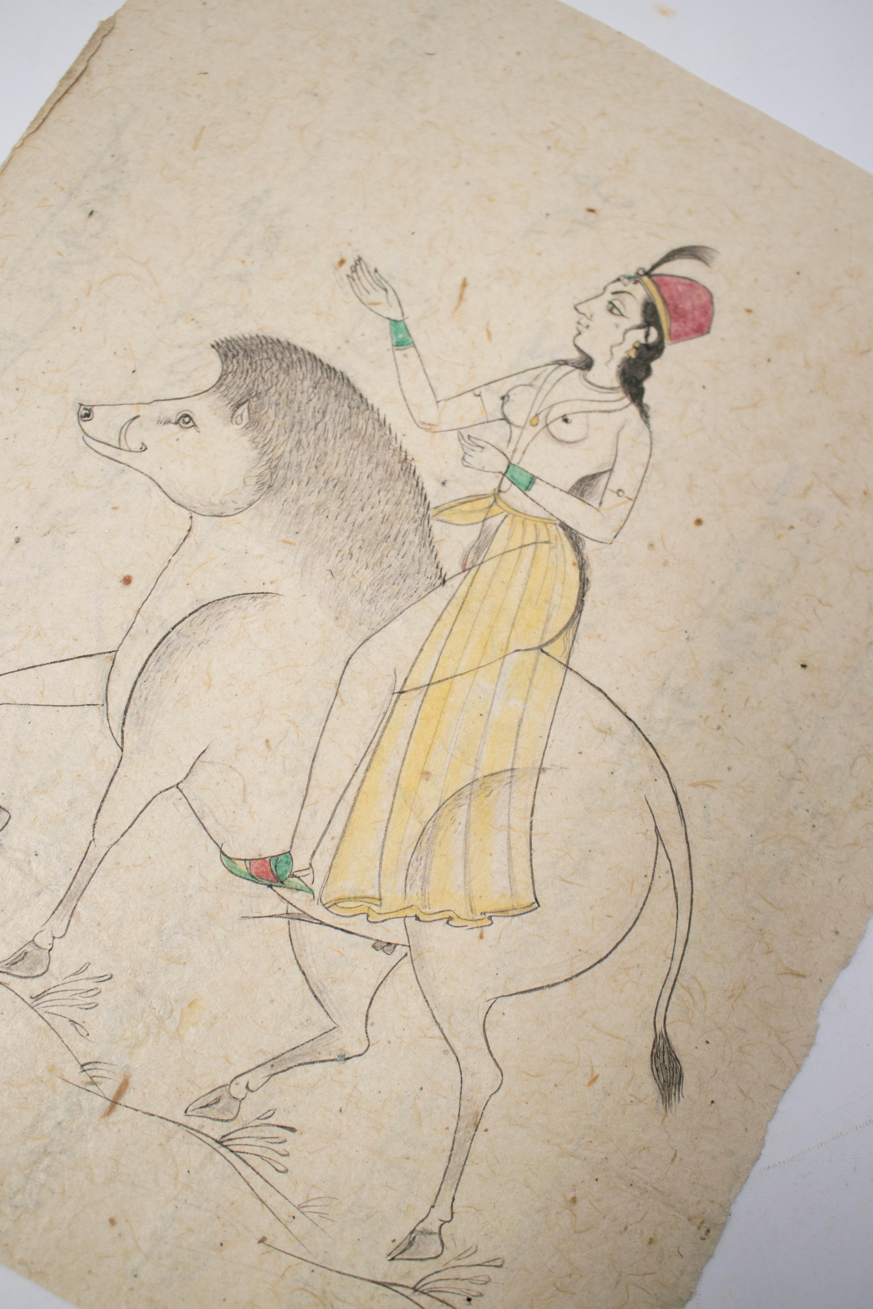 Peint à la main dessin indien sur papier des années 1970 d'une femme chevauchant un tapir en vente
