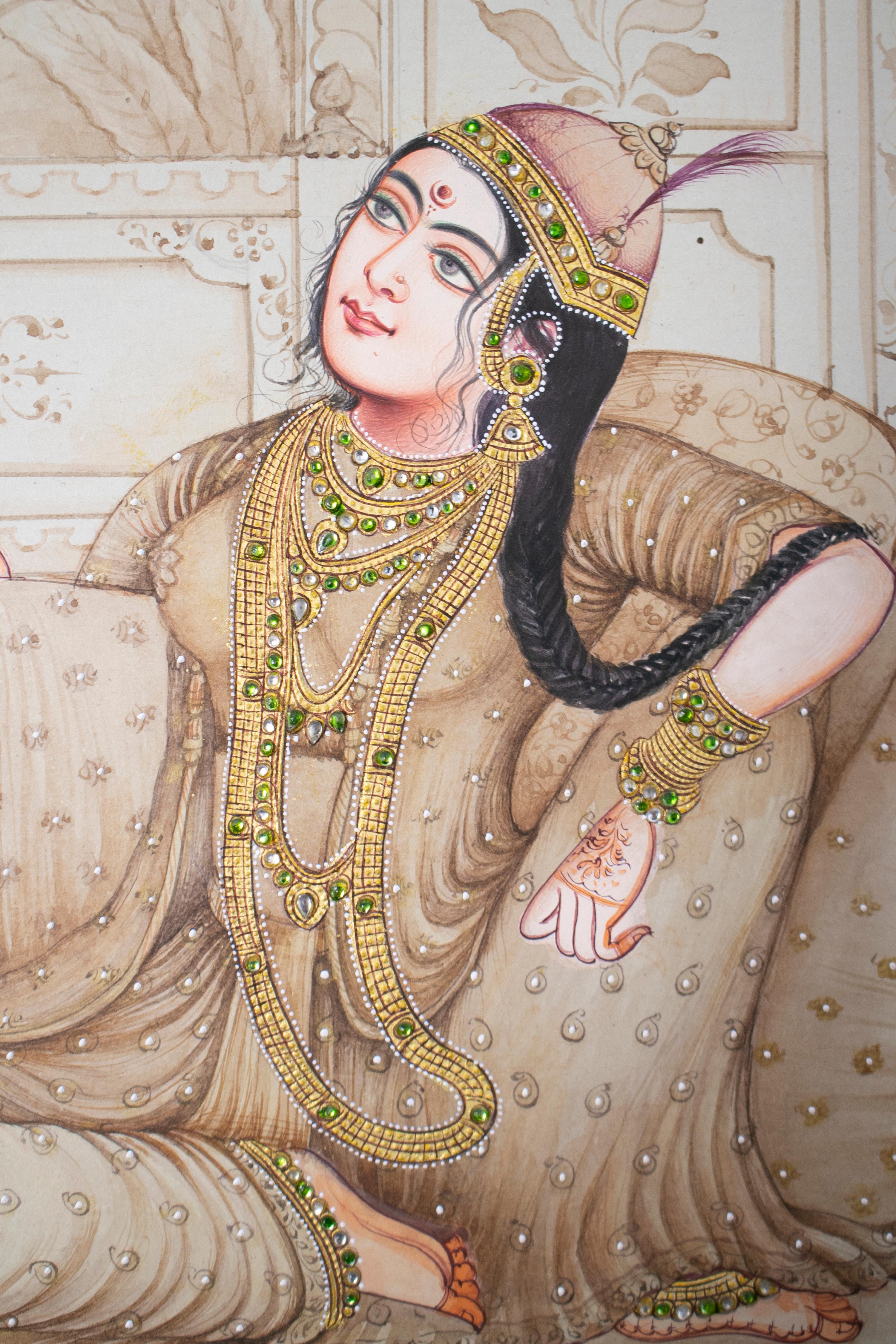 20th Century 1970s Indian Paper Drawing of a Woman Sitting in a Palace Room For Sale