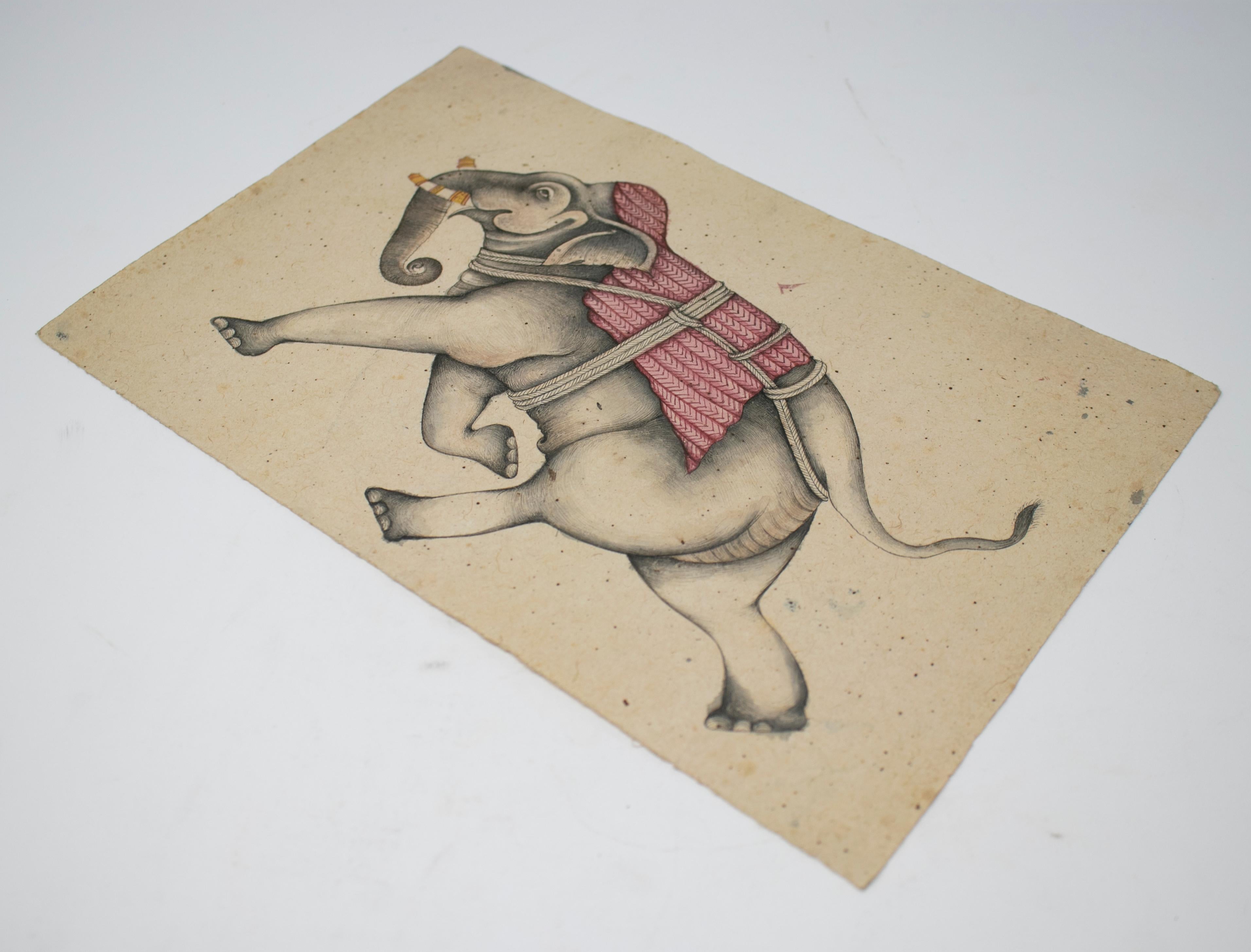 Hand-Painted 1970s Indian Paper Drawing of an Elephant