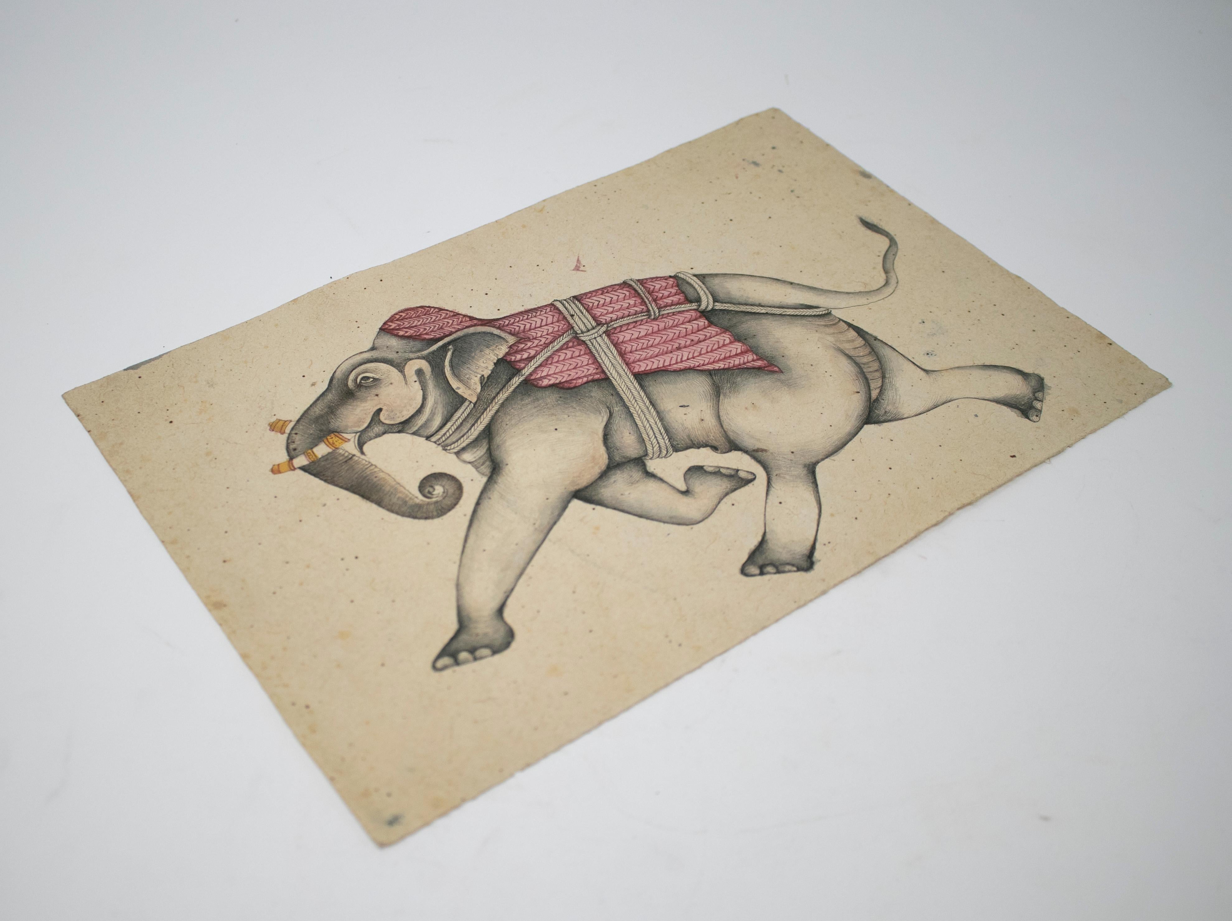 1970s Indian Paper Drawing of an Elephant In Good Condition In Marbella, ES