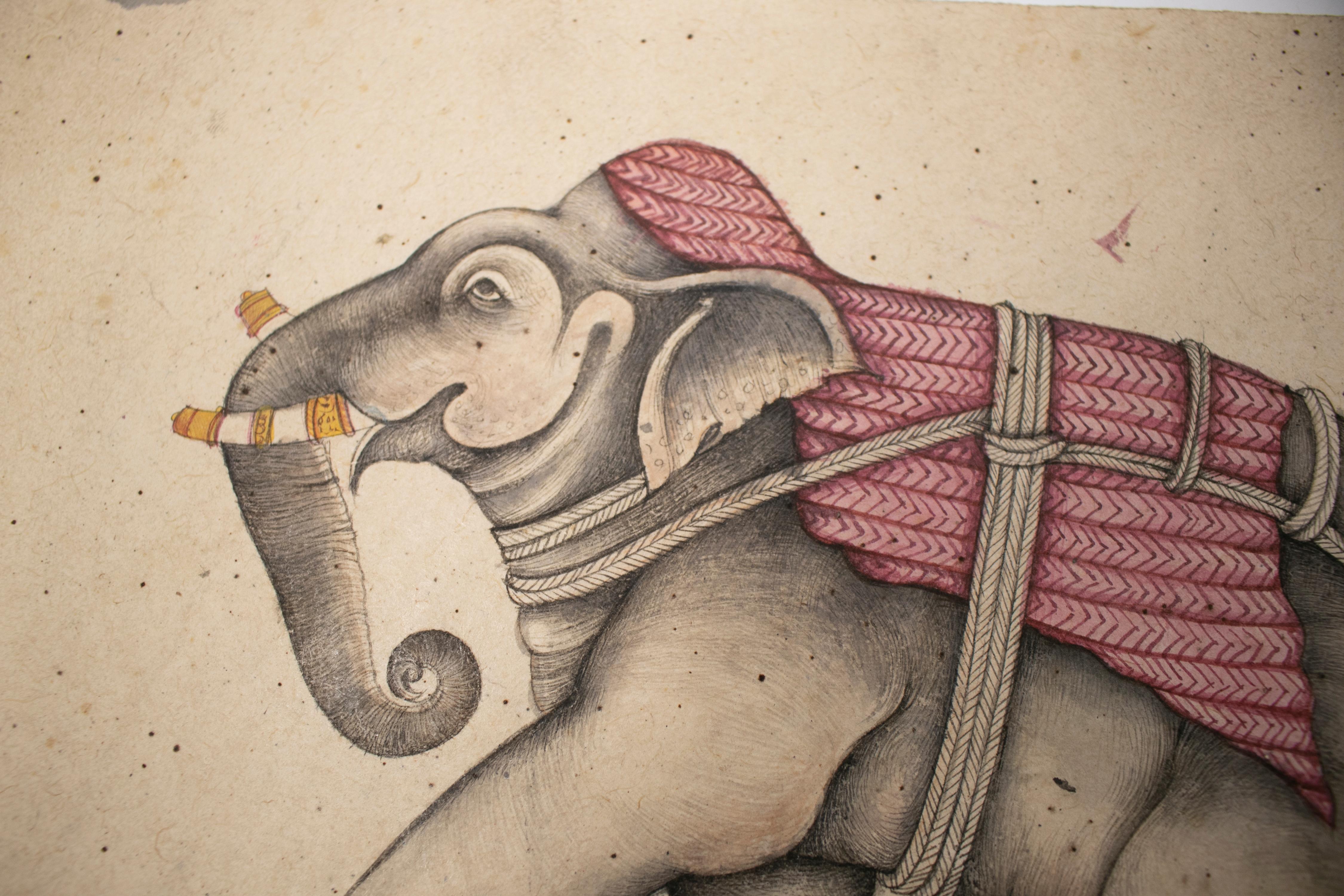 20th Century 1970s Indian Paper Drawing of an Elephant