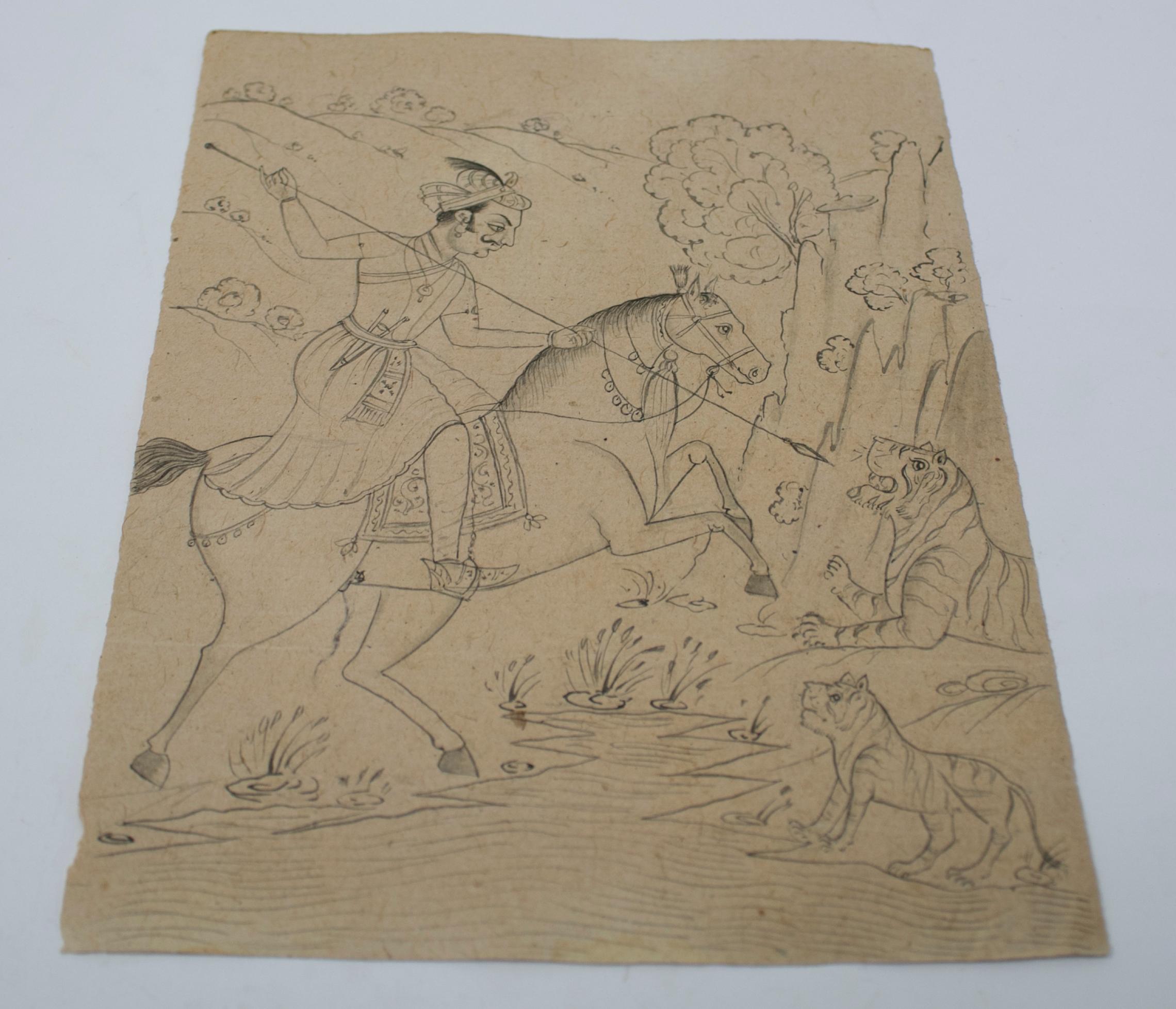 1970s Indian paper drawing of a horse rider hunting a tiger with spear. Part of a large private drawing collection.