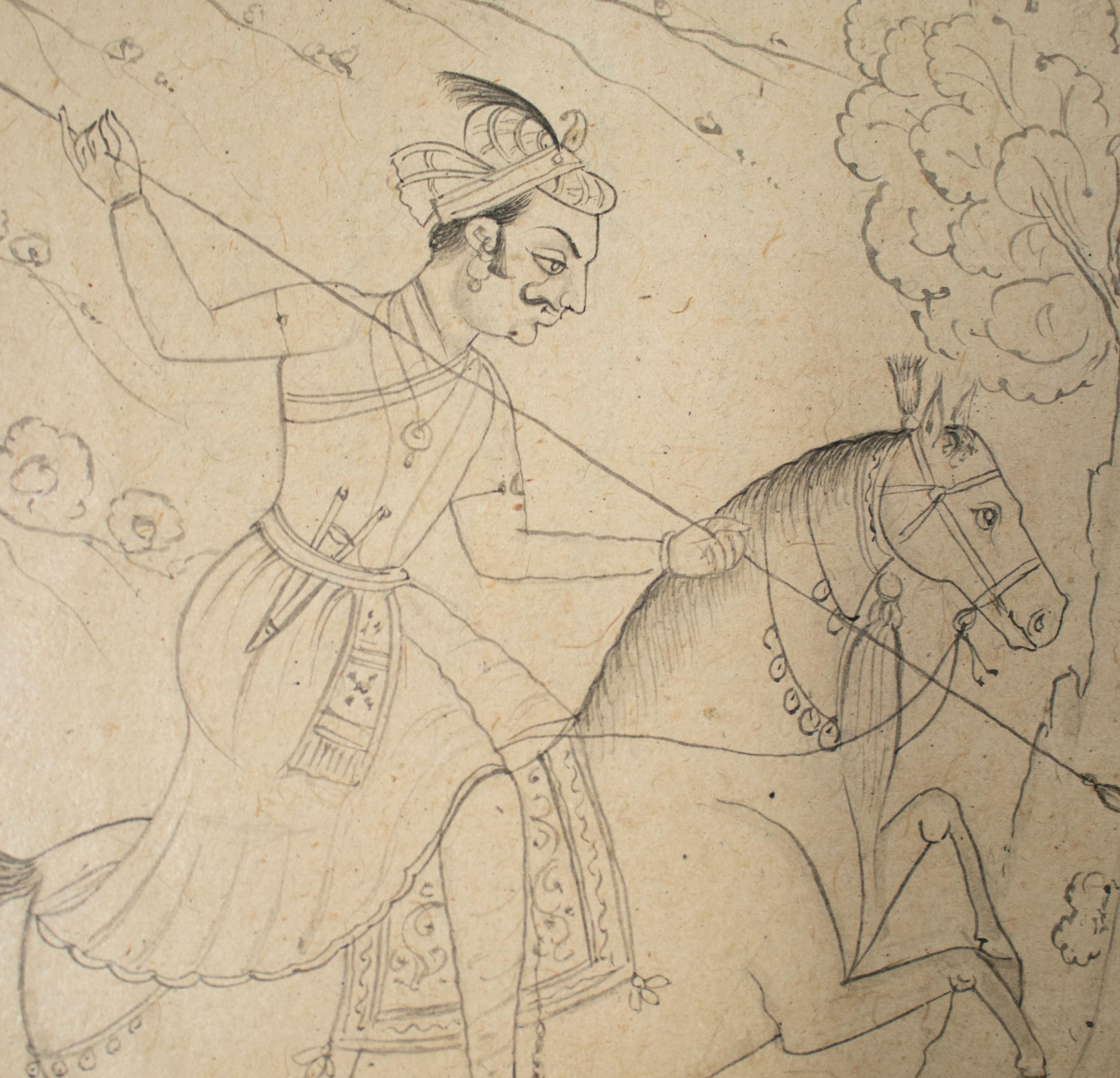 Hand-Painted 1970s Indian Paper Drawing of Horse Rider Hunting Tiger with Spear For Sale