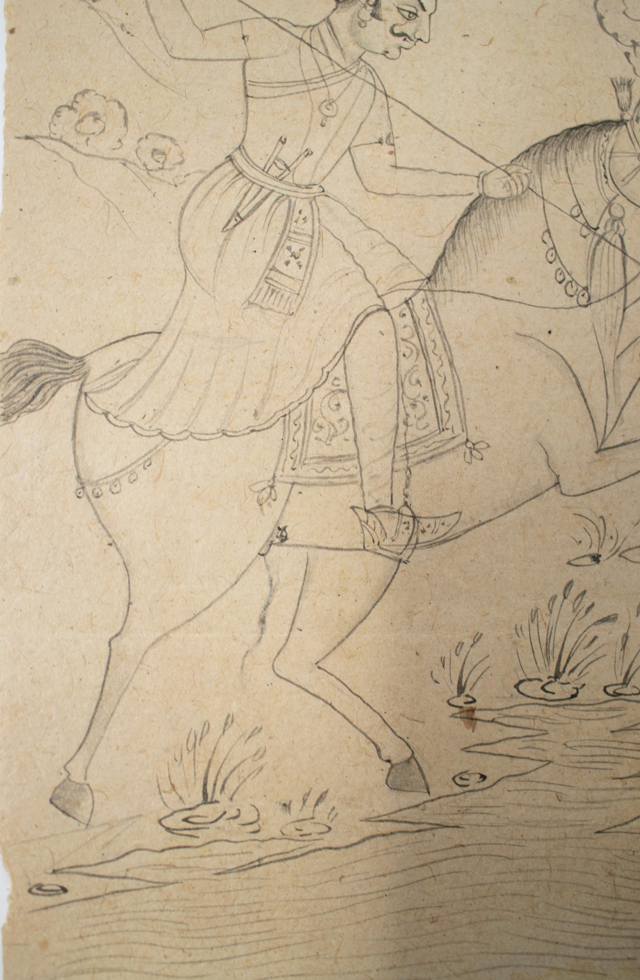20th Century 1970s Indian Paper Drawing of Horse Rider Hunting Tiger with Spear For Sale
