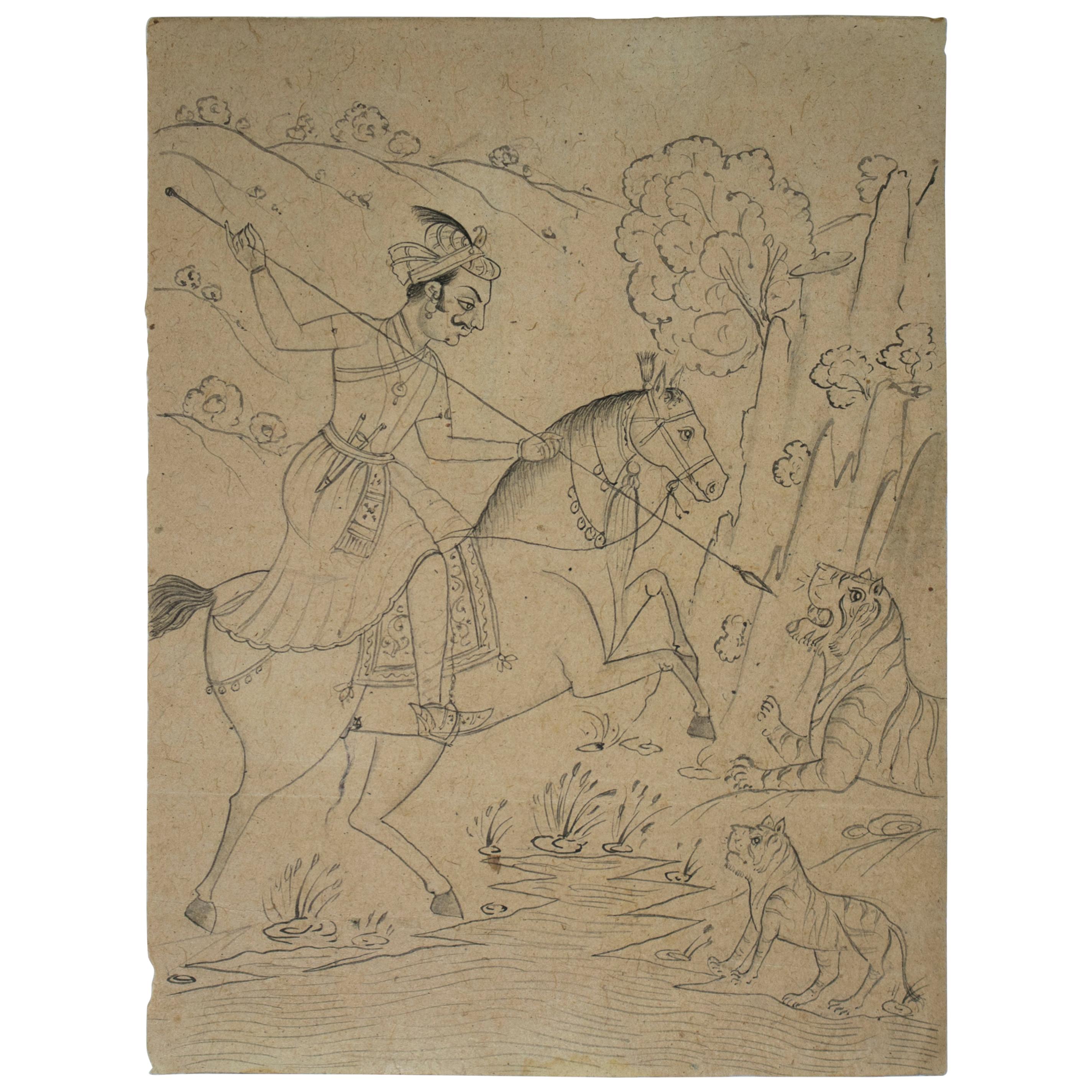 1970s Indian Paper Drawing of Horse Rider Hunting a Tiger with Spear