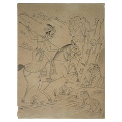 Disegno su carta indiana degli anni '70 di un cavaliere a cavallo che caccia la tigre con la lancia