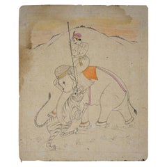 1970s Indian Paper Drawing of Man Riding an Elephant
