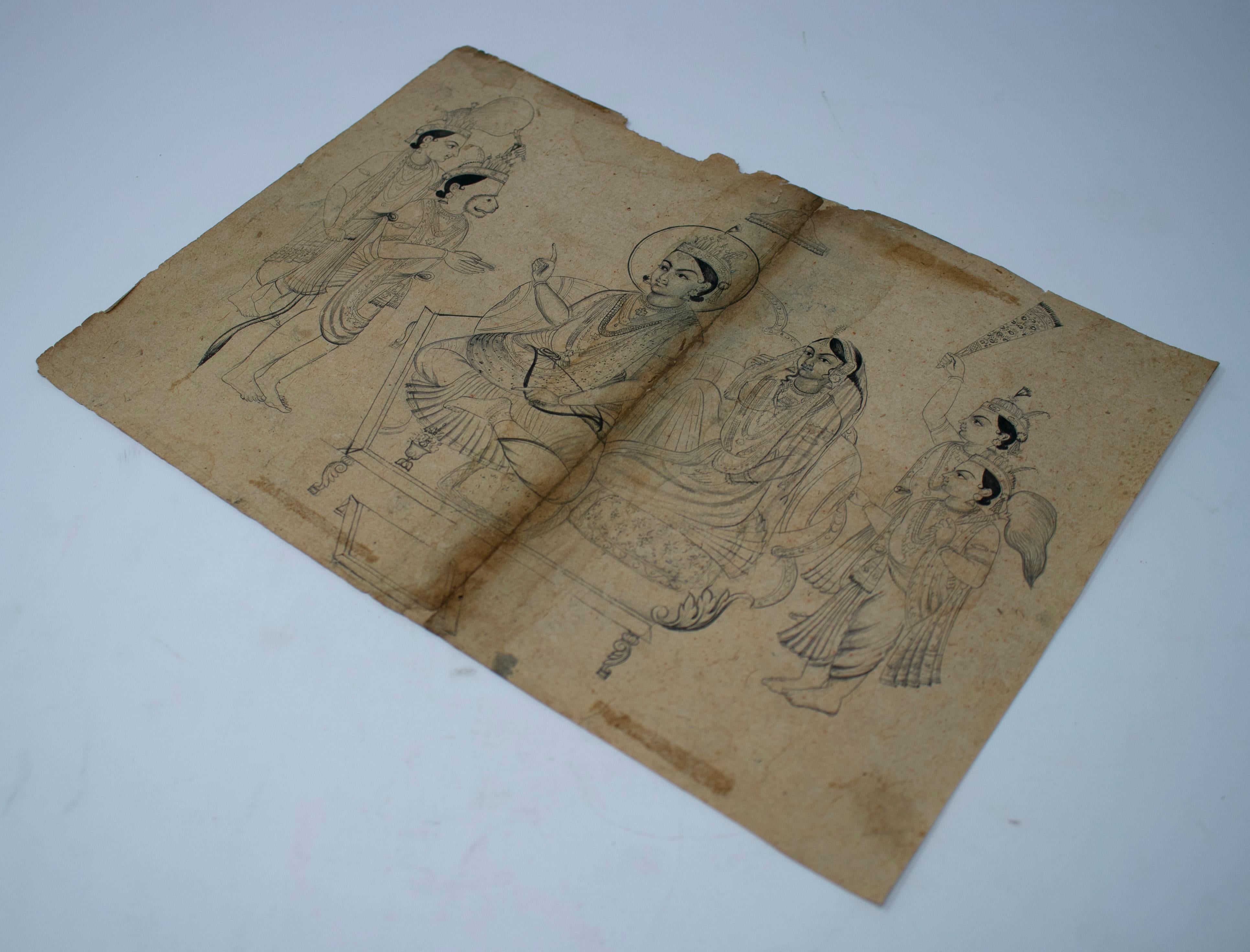 Hand-Painted 1970s Indian Religious Ink Drawing For Sale