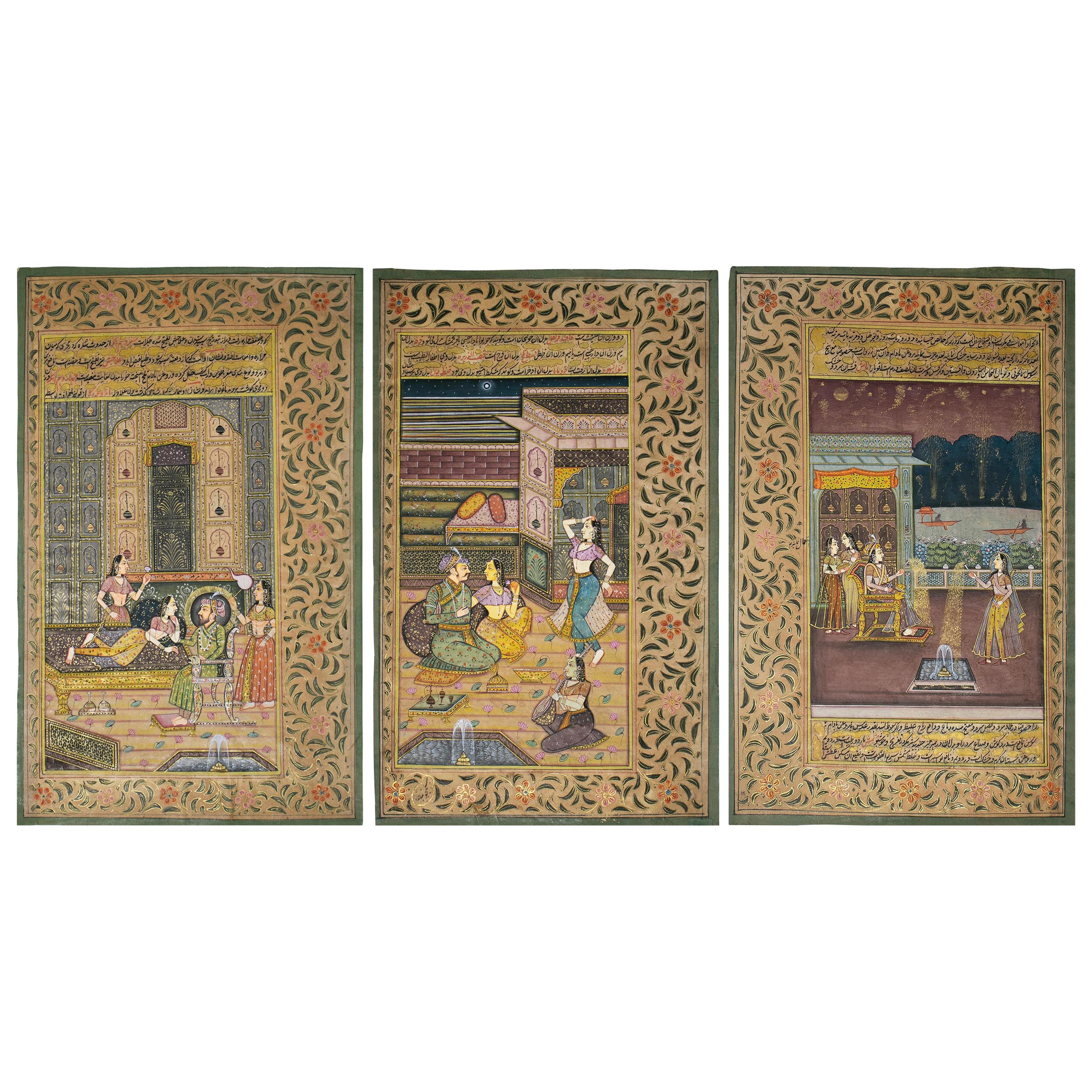 1970s Indian Set of Three Colorful Drawings of the Royal Court