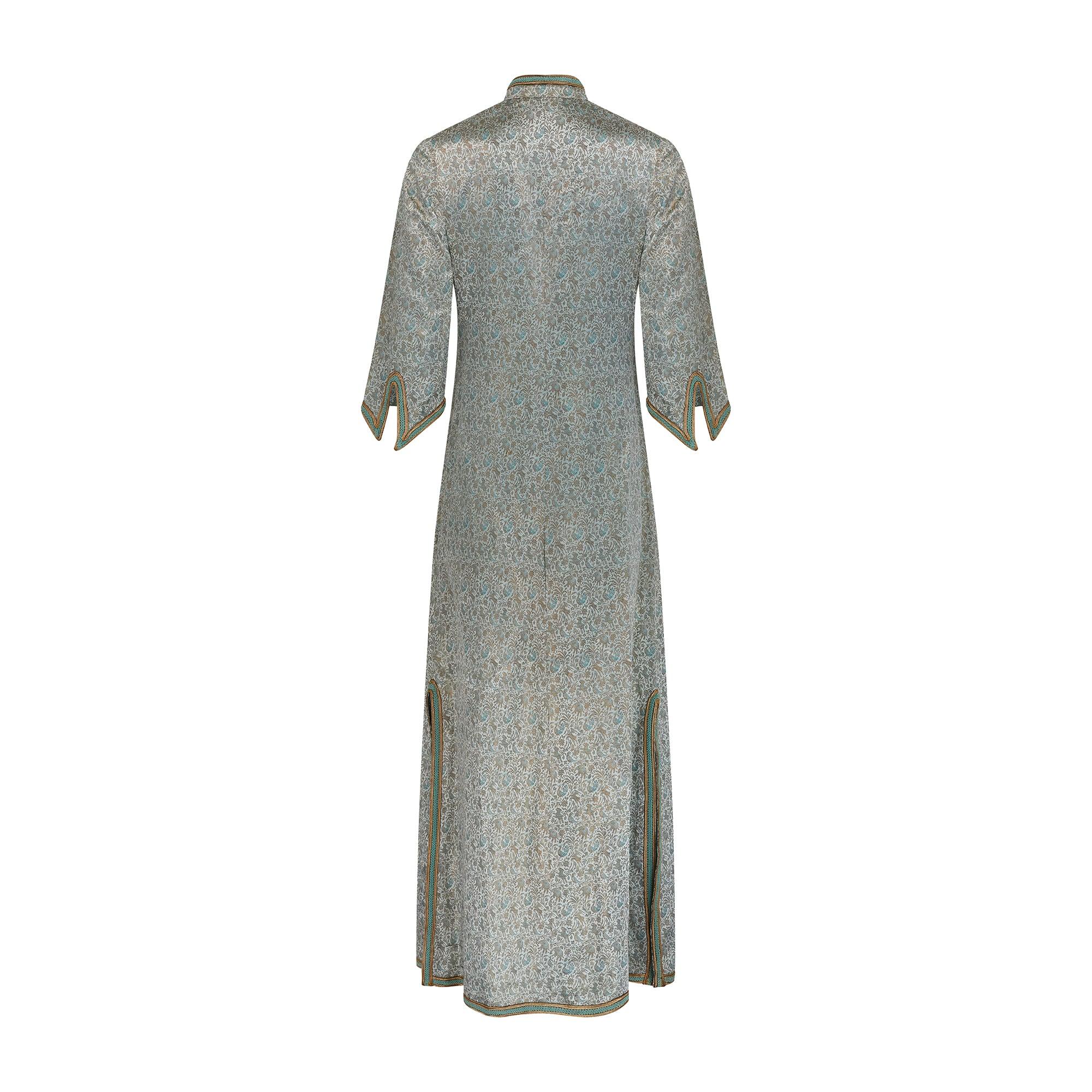 Gray 1970s Indian Silk Blue and Gold Brocade Dress with Trim For Sale