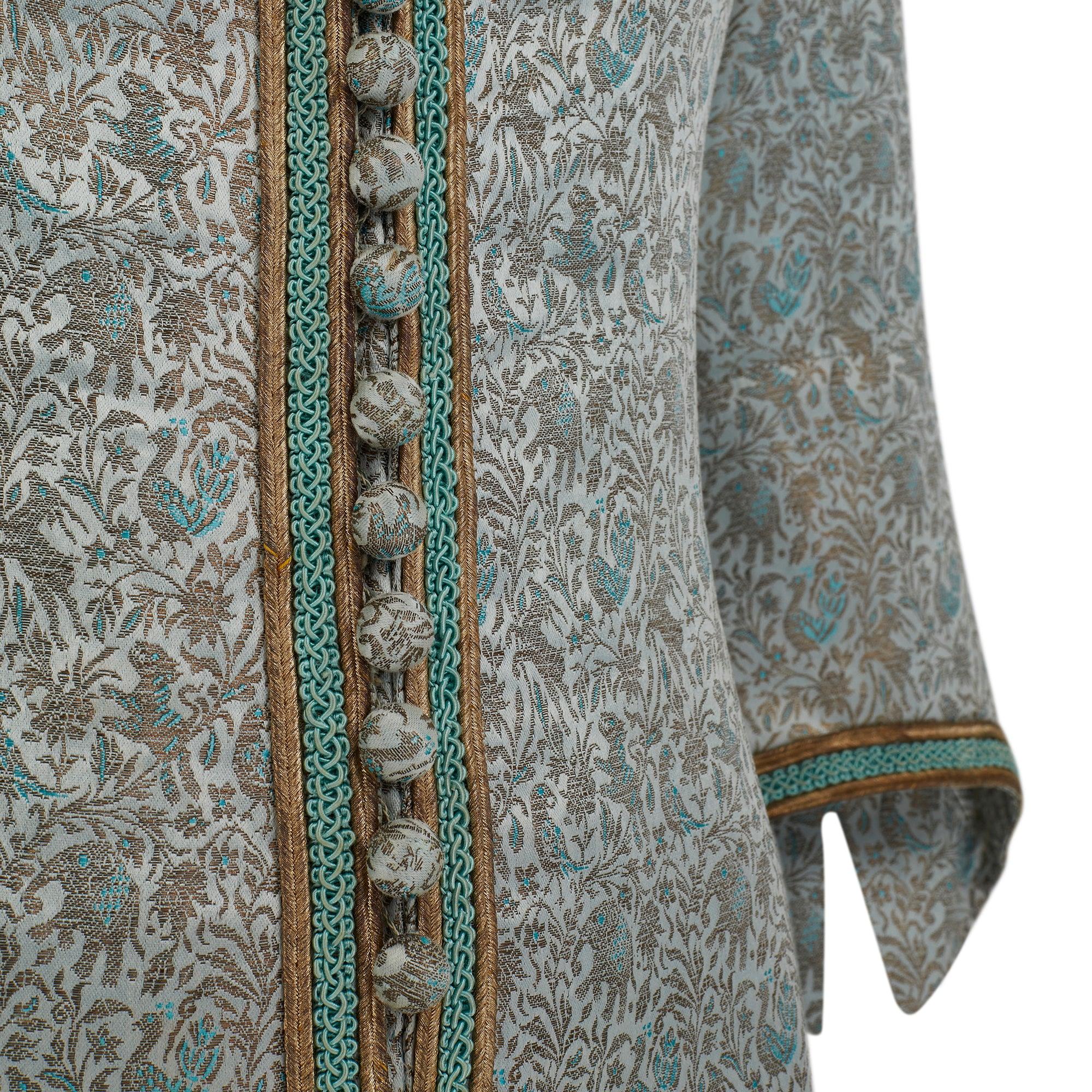 1970s Indian Silk Blue and Gold Brocade Dress with Trim In Excellent Condition For Sale In London, GB