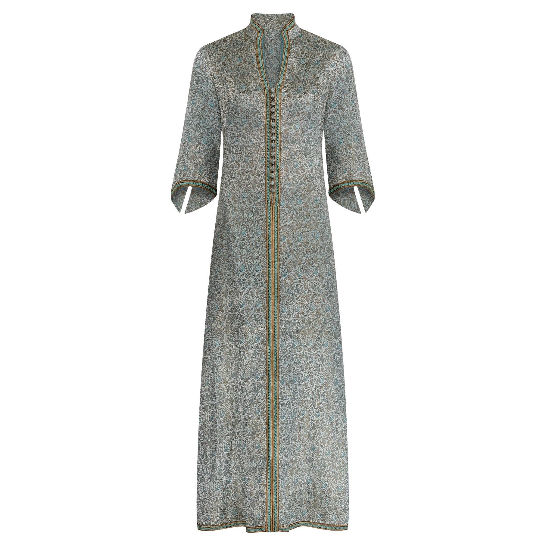 1970s Indian Silk Blue and Gold Brocade Dress with Trim For Sale