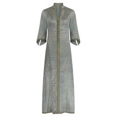 1970s Indian Silk Blue and Gold Brocade Dress with Trim