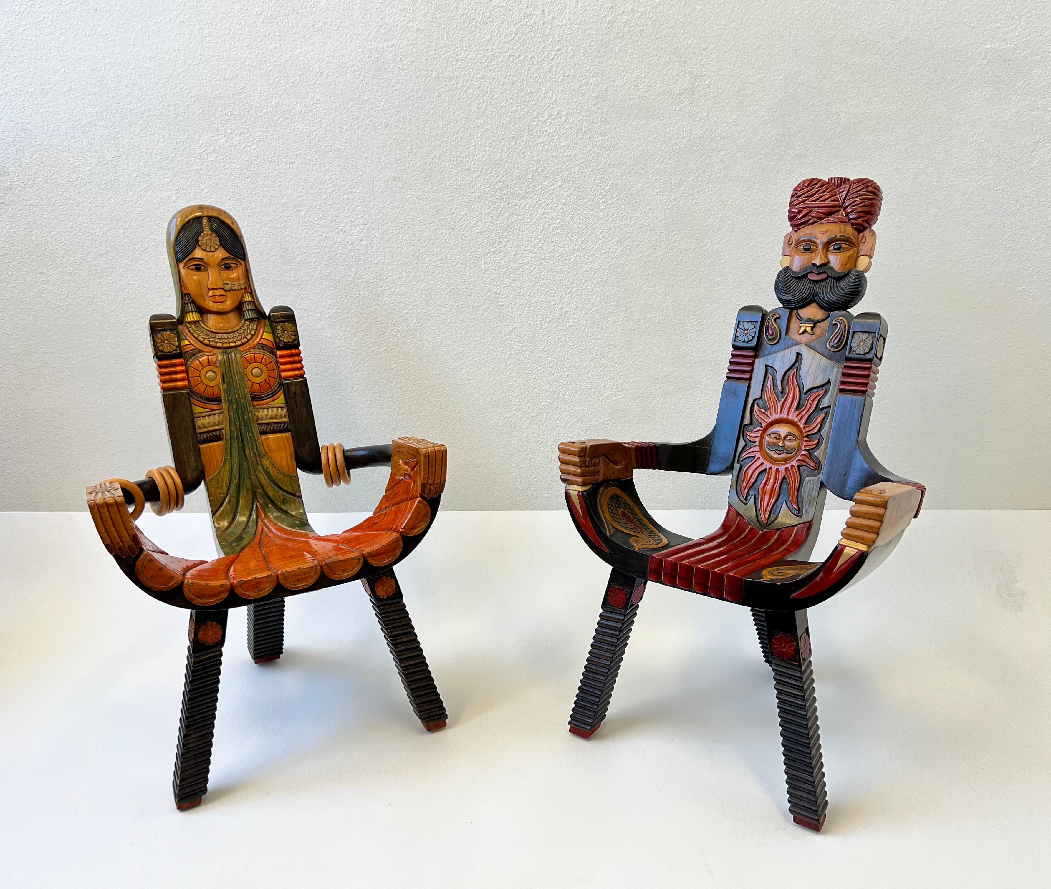 Folk Art 1970’s Indian Tripod Female and Male Chairs  For Sale