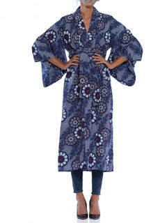 1970S Indigo Blue Japanese Shibori Print Cotton Kimono With Sash Belt