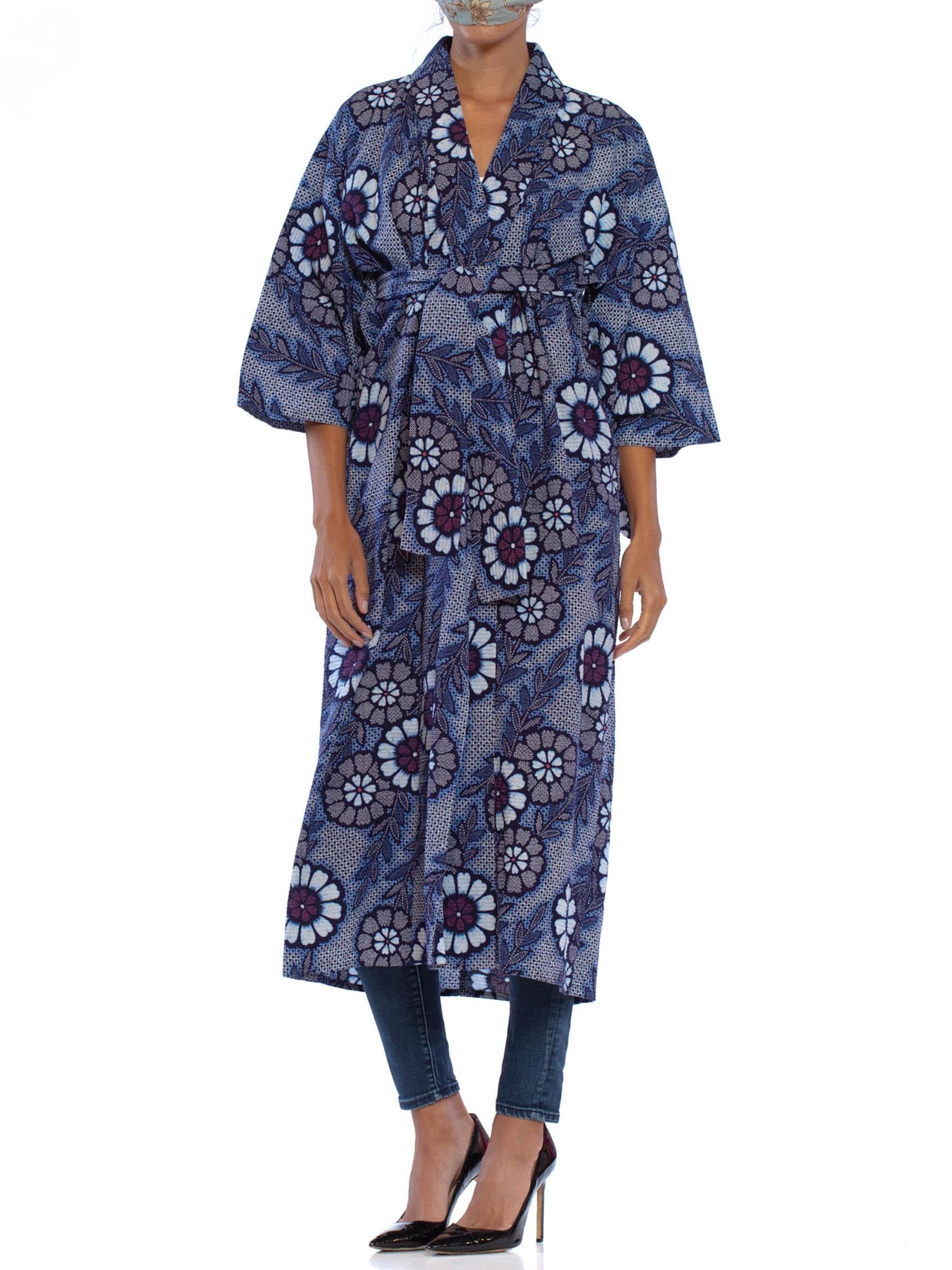 1970S Indigo Blue Japanese Shibori Print Cotton Kimono With Sash Belt 2