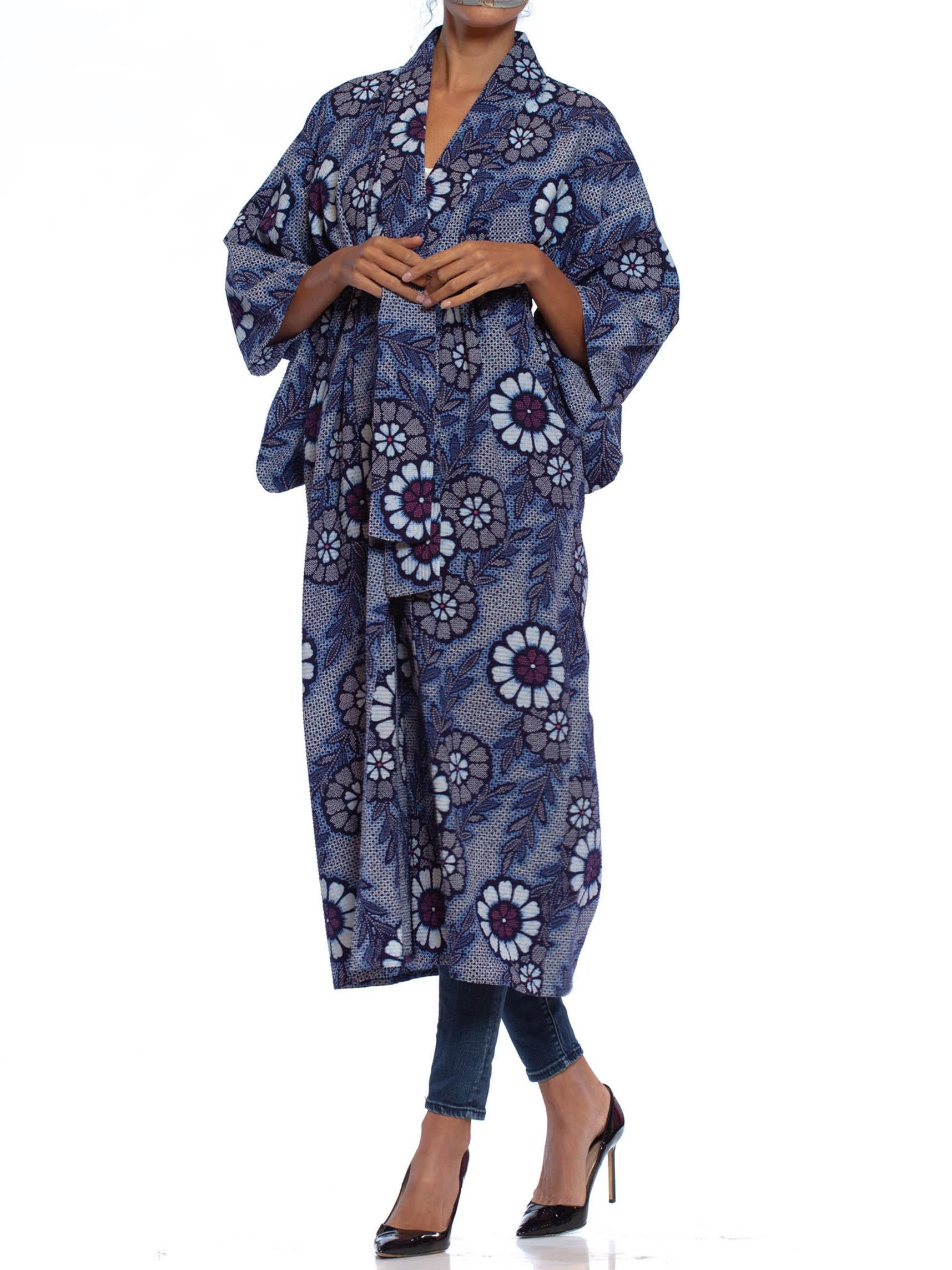 1970S Indigo Blue Japanese Shibori Print Cotton Kimono With Sash Belt 3