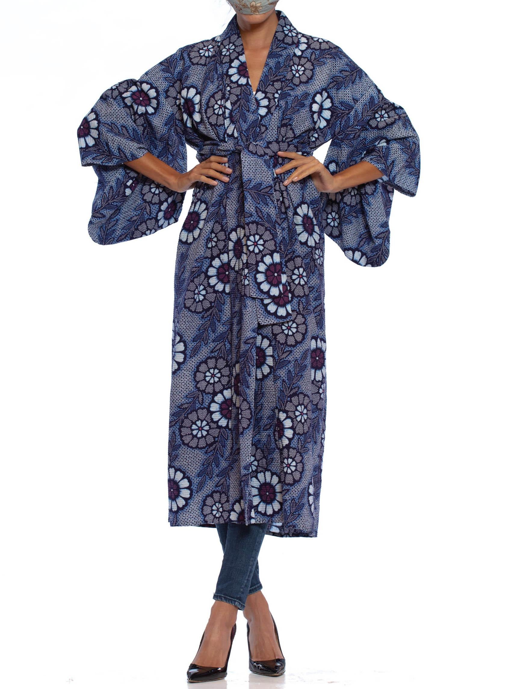 1970S Indigo Blue Japanese Shibori Print Cotton Kimono With Sash Belt 4