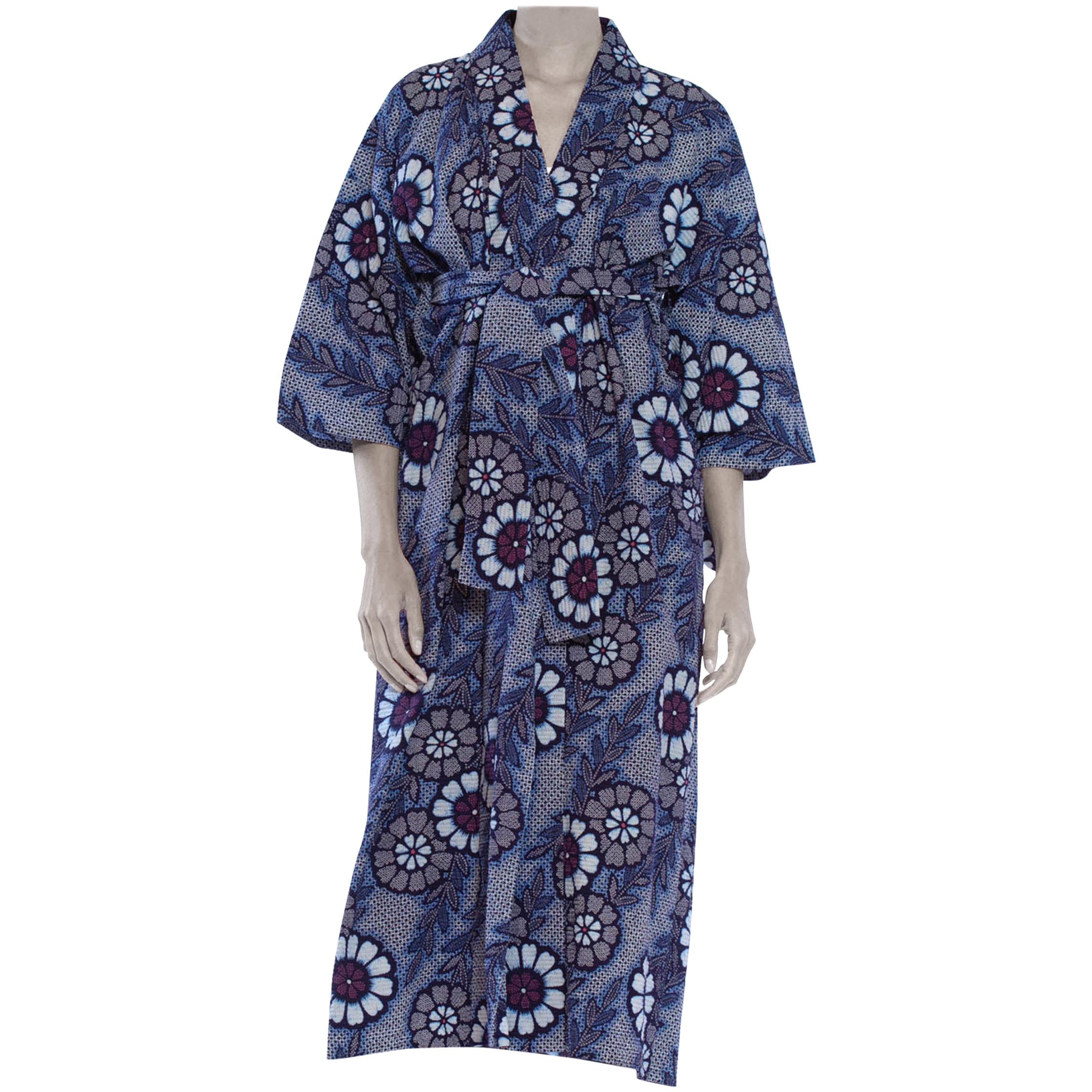 1970S Indigo Blue Japanese Shibori Print Cotton Kimono With Sash Belt