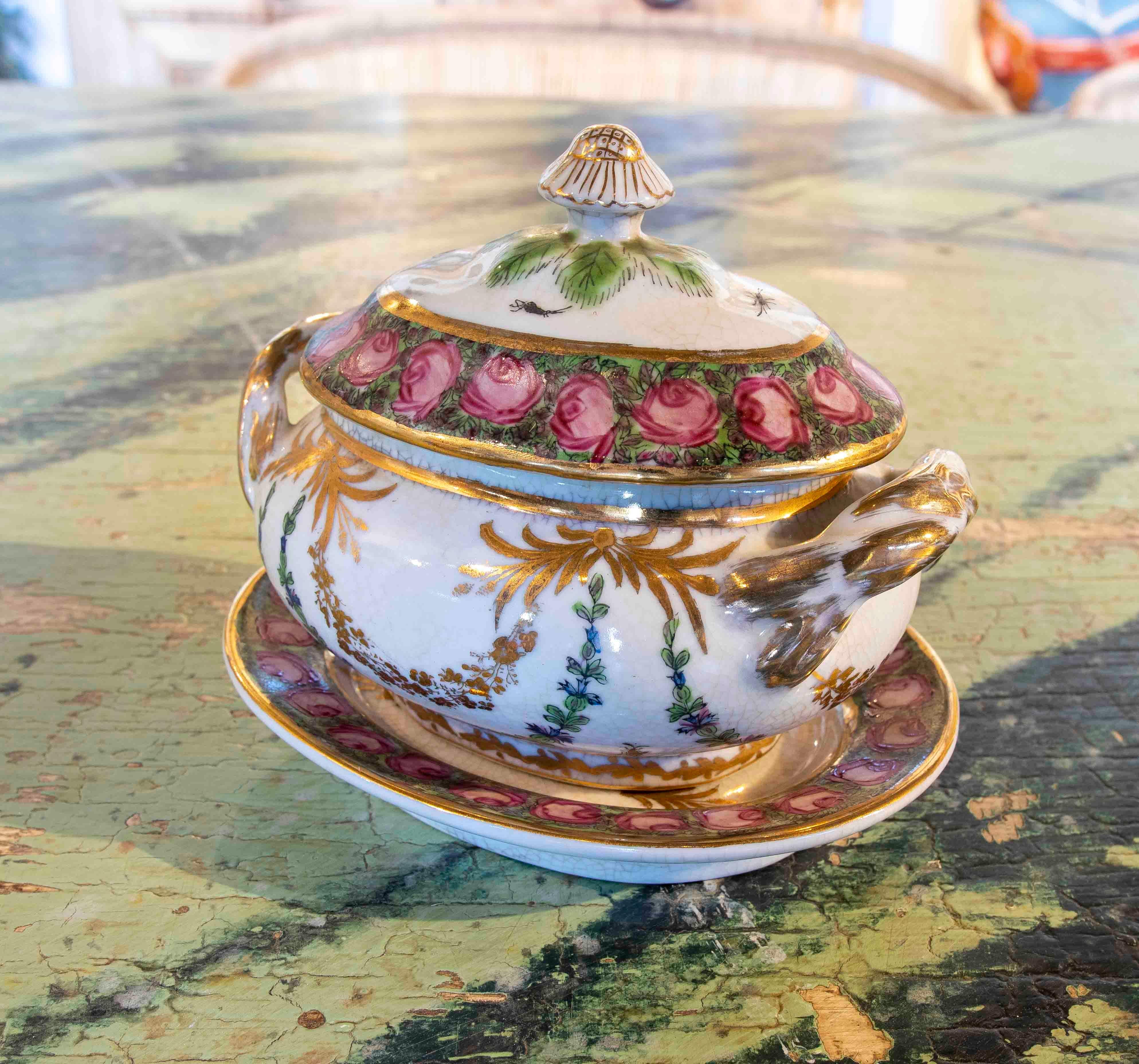 1970s Individual Hand-Painted Porcelain Tureen with Inscription.