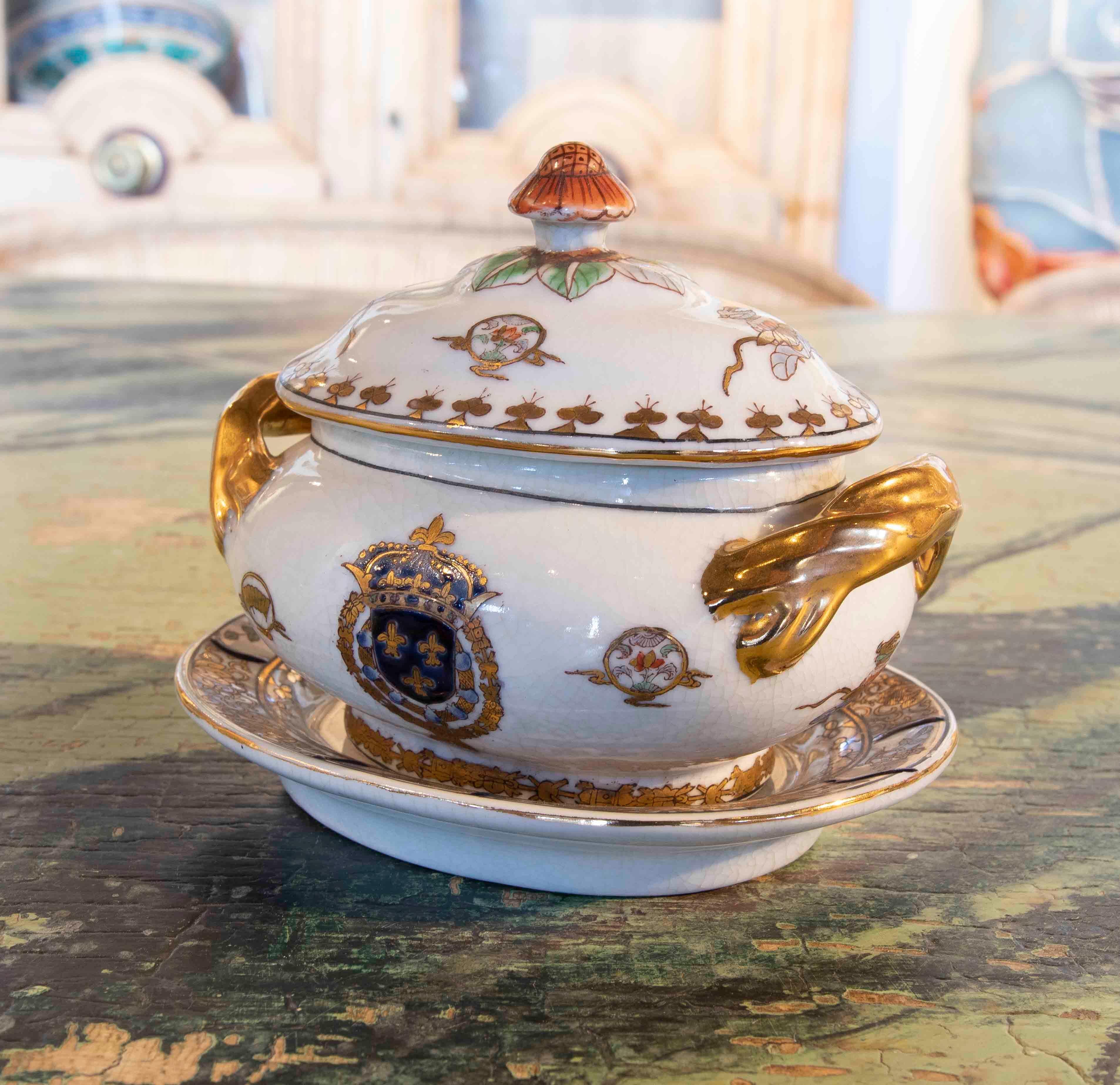 1970s Individual Hand-Painted Porcelain Tureen with inscription.
