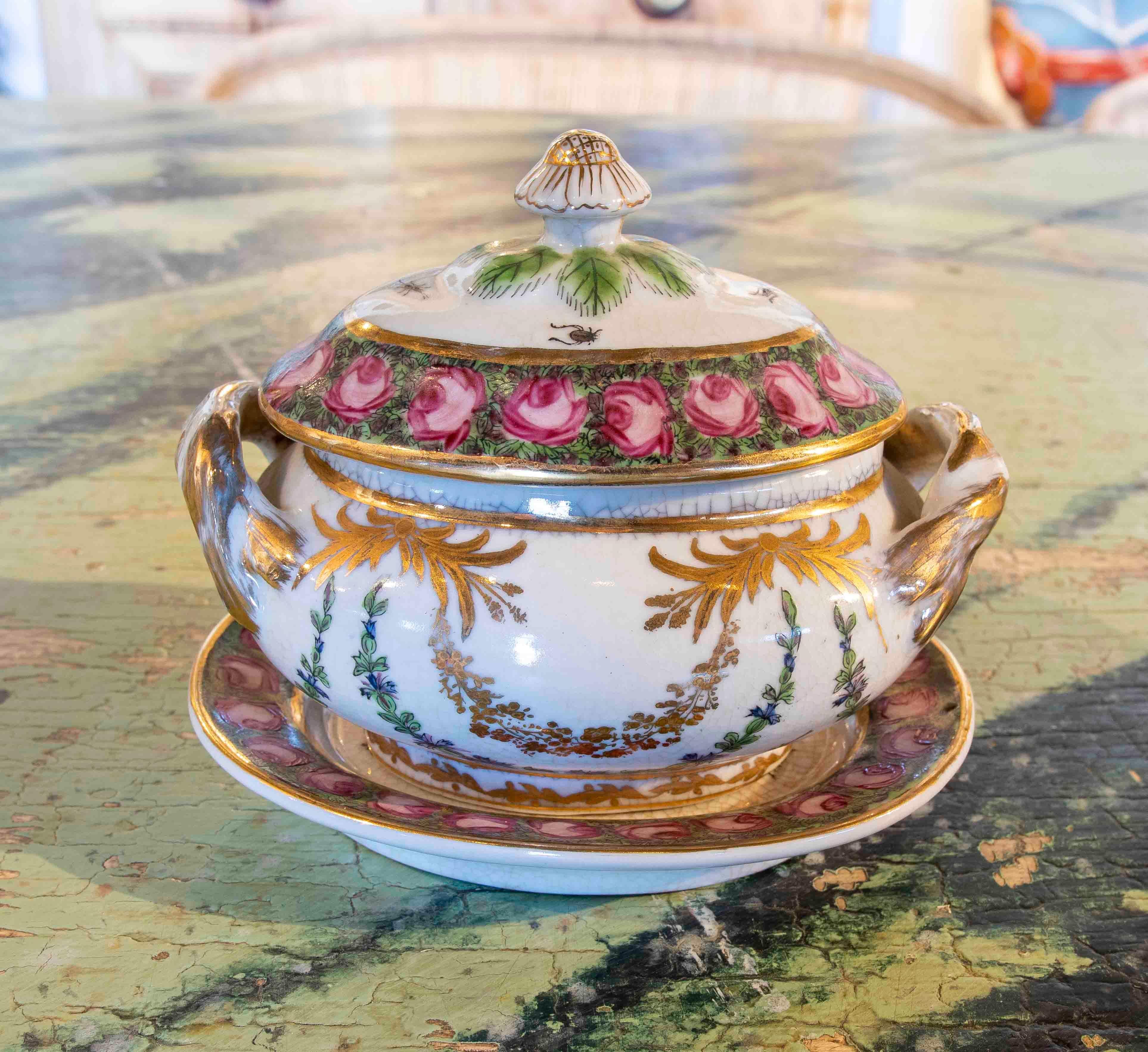 Hand-Painted 1970s Individual Hand Painted Porcelain Tureen with Inscription For Sale
