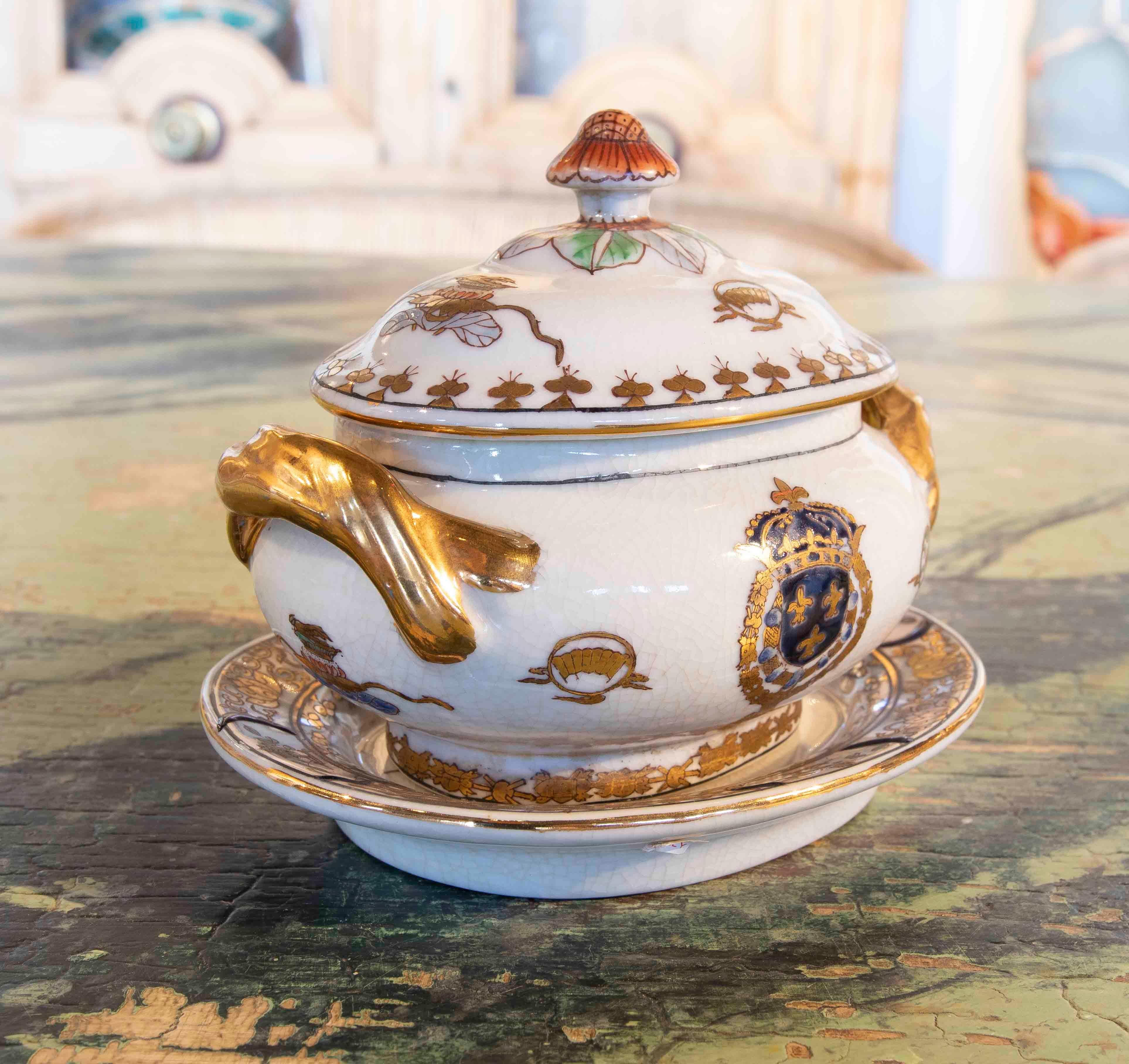 European 1970s Individual Hand-Painted Porcelain Tureen  with Inscription For Sale