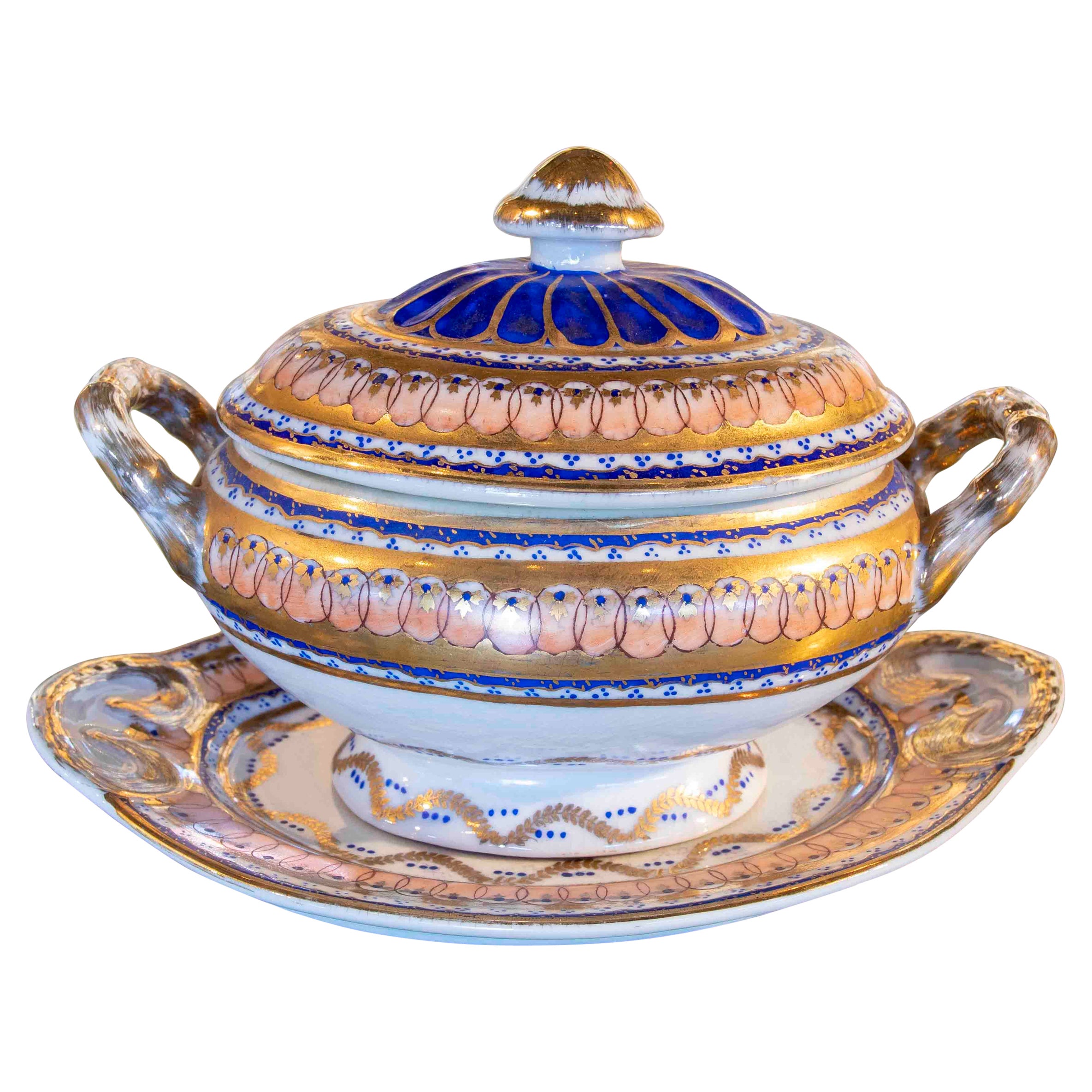 Soupière individuelle en porcelaine peinte à la main dans les années 1970  avec inscription