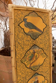 1970s Indo-Persian Decorative Panel with Birds and Figure, Framed in Bamboo
