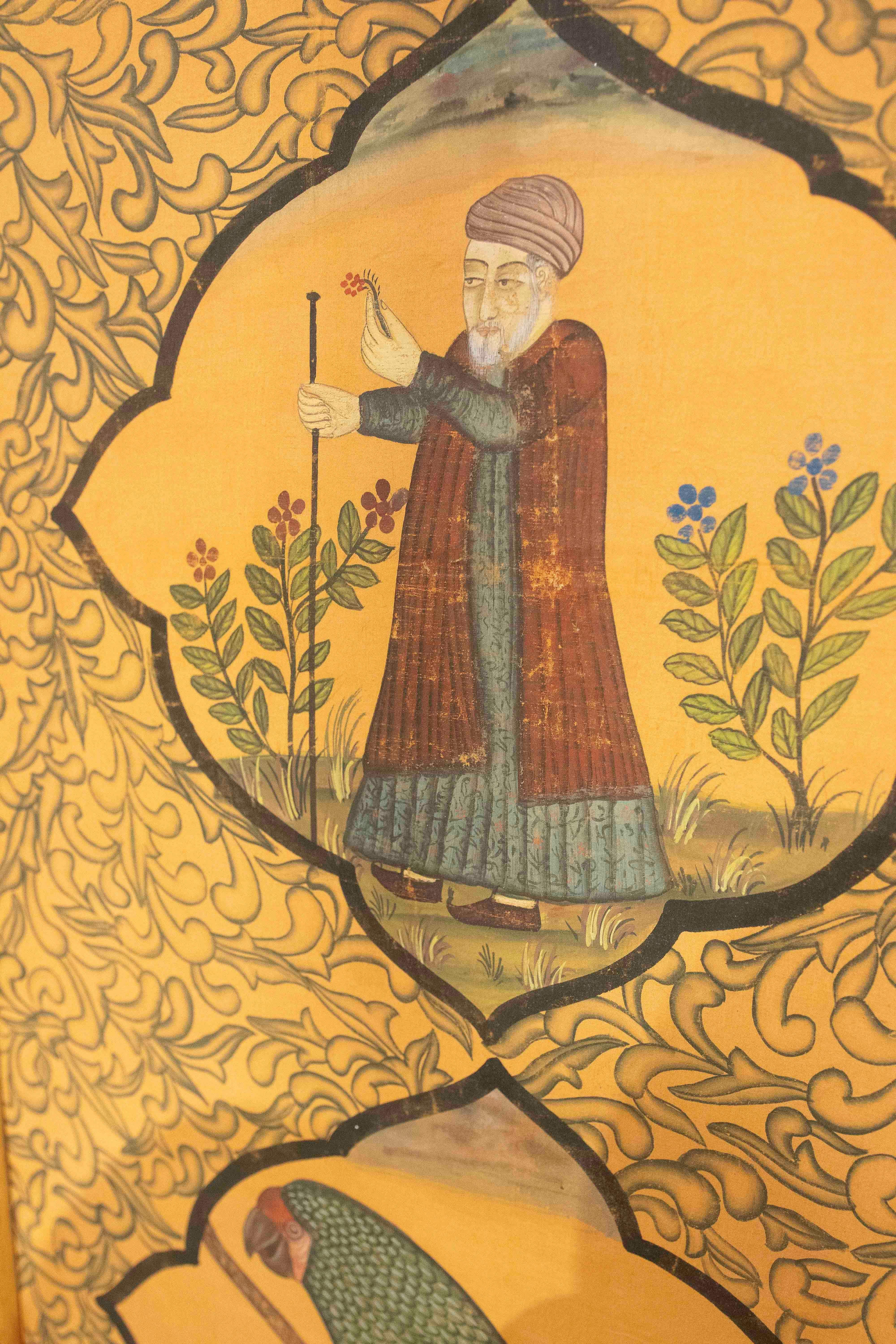 1970er INDO- persische dekorative Tafel mit Vögeln und Figur, gerahmt in Bambus im Angebot 1