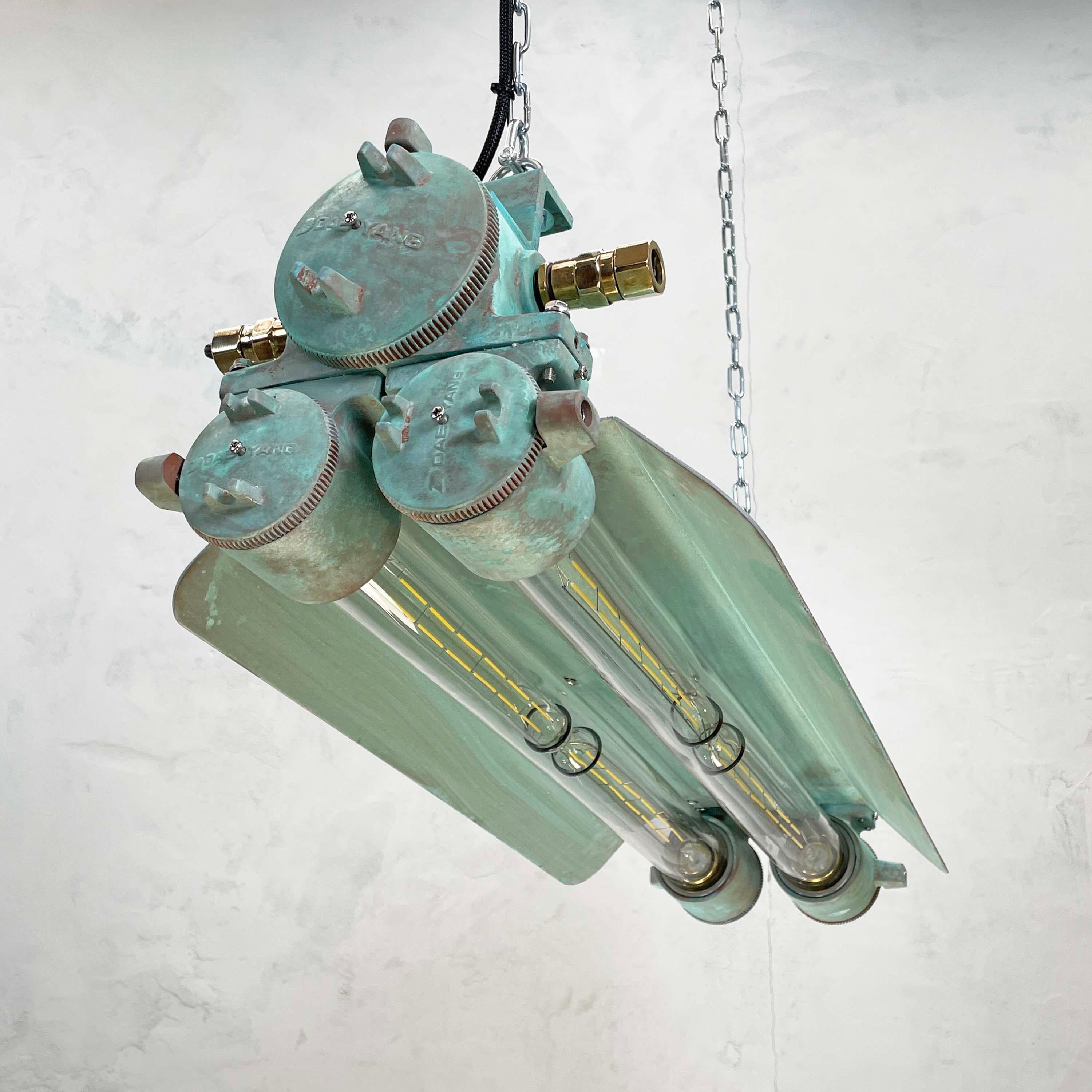 1970s Industrial Aluminium and Brass Flame Proof Strip Light, Copper Verdigris For Sale 5