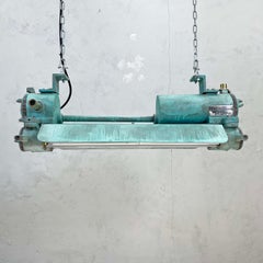 1970s Industrial Aluminium and Brass Flame Proof Strip Light, Copper Verdigris