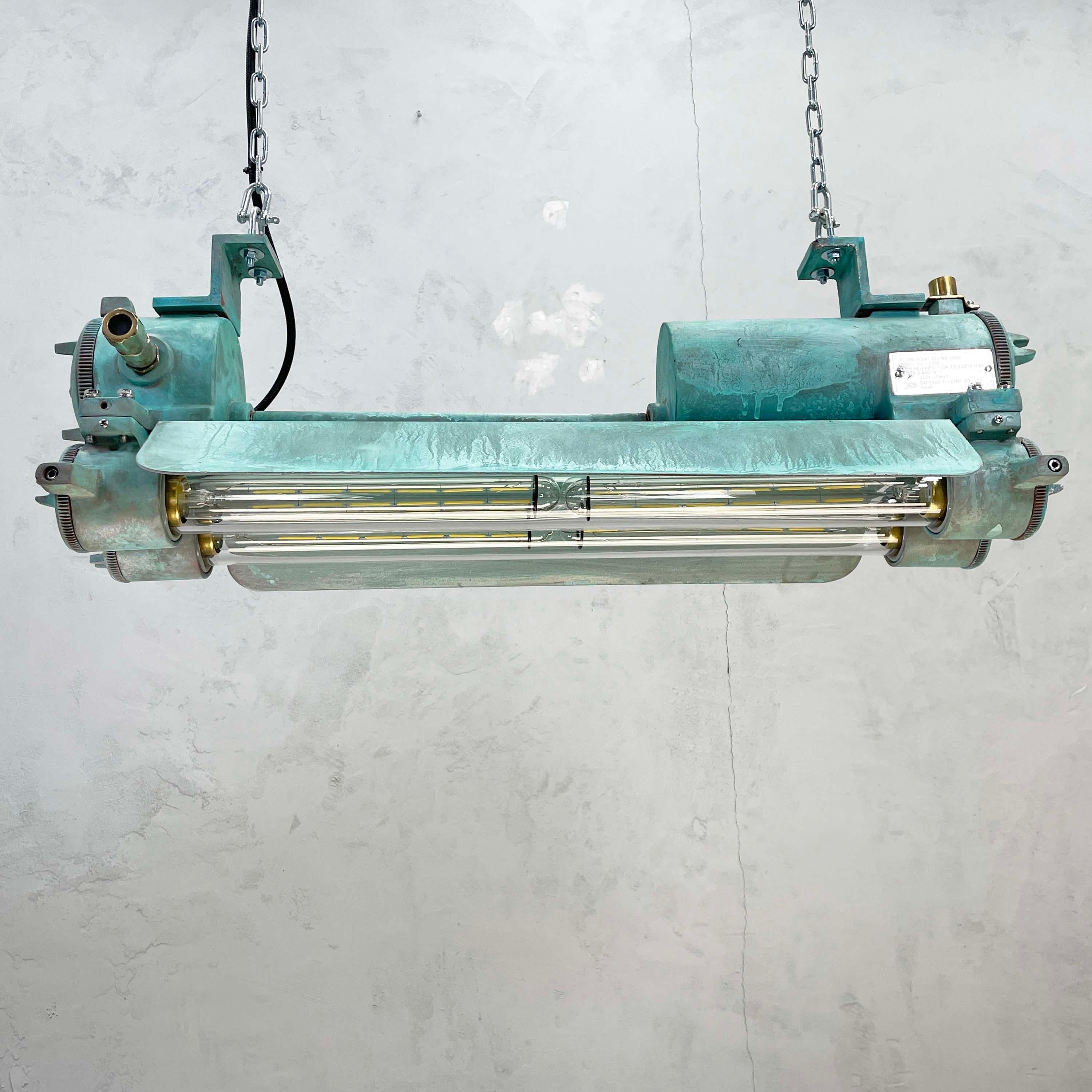 Korean 1970s Industrial Aluminium and Brass Flame Proof Strip Light, Copper Verdigris For Sale