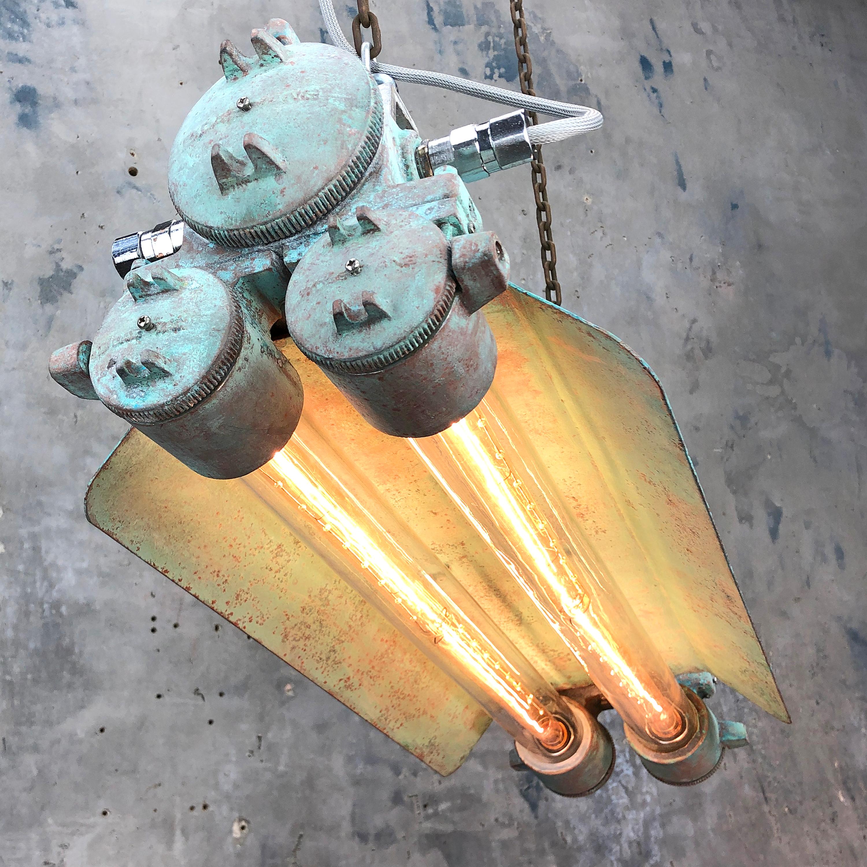 1970s Industrial Aluminium and Brass Flame Proof Strip Light, Copper Verdigris In Good Condition In Leicester, Leicestershire