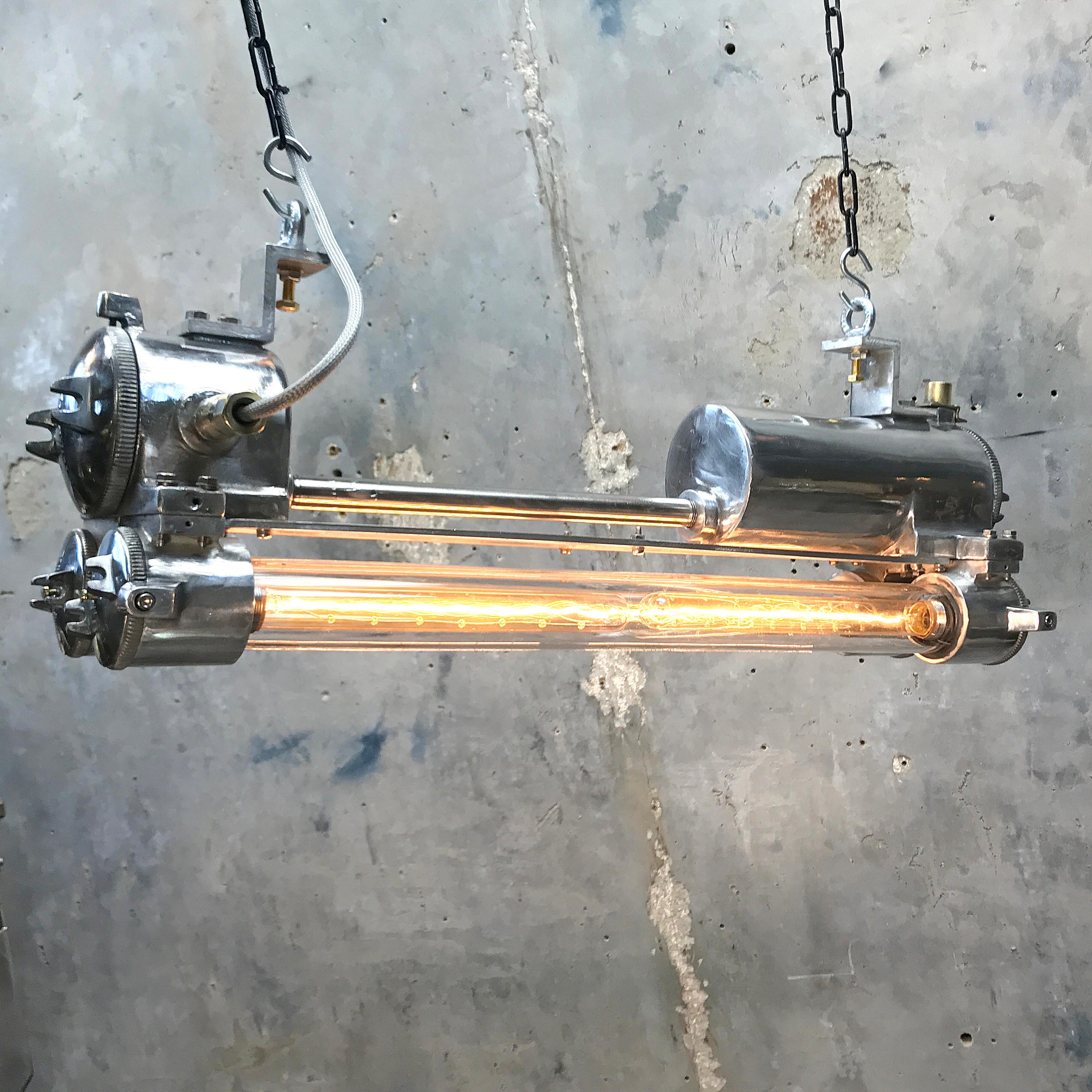1970s Industrial Aluminium, Brass and Glass Flame Proof Strip Light, Polished 4