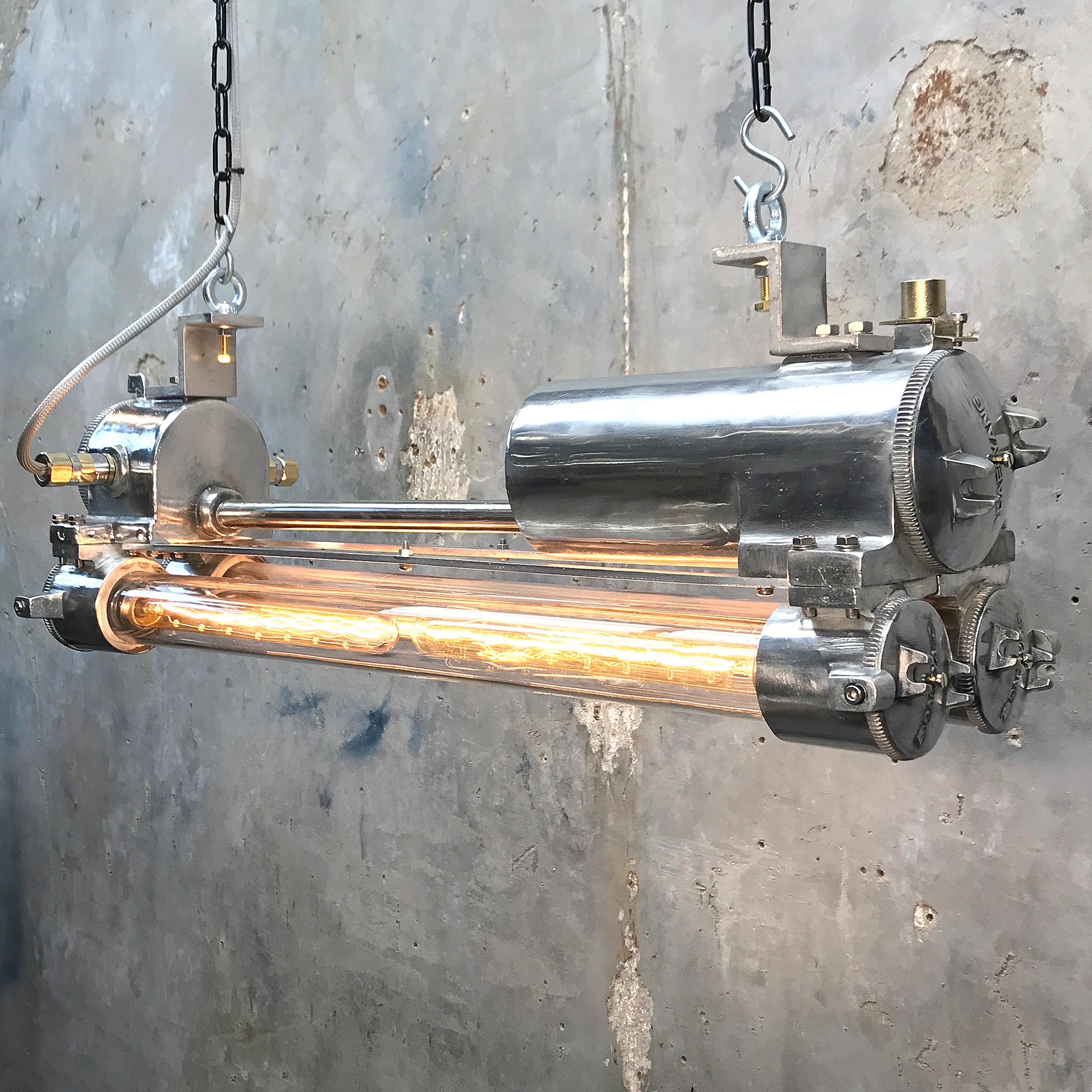 1970s Industrial Aluminium, Brass and Glass Flame Proof Strip Light, Polished In Distressed Condition In Leicester, Leicestershire