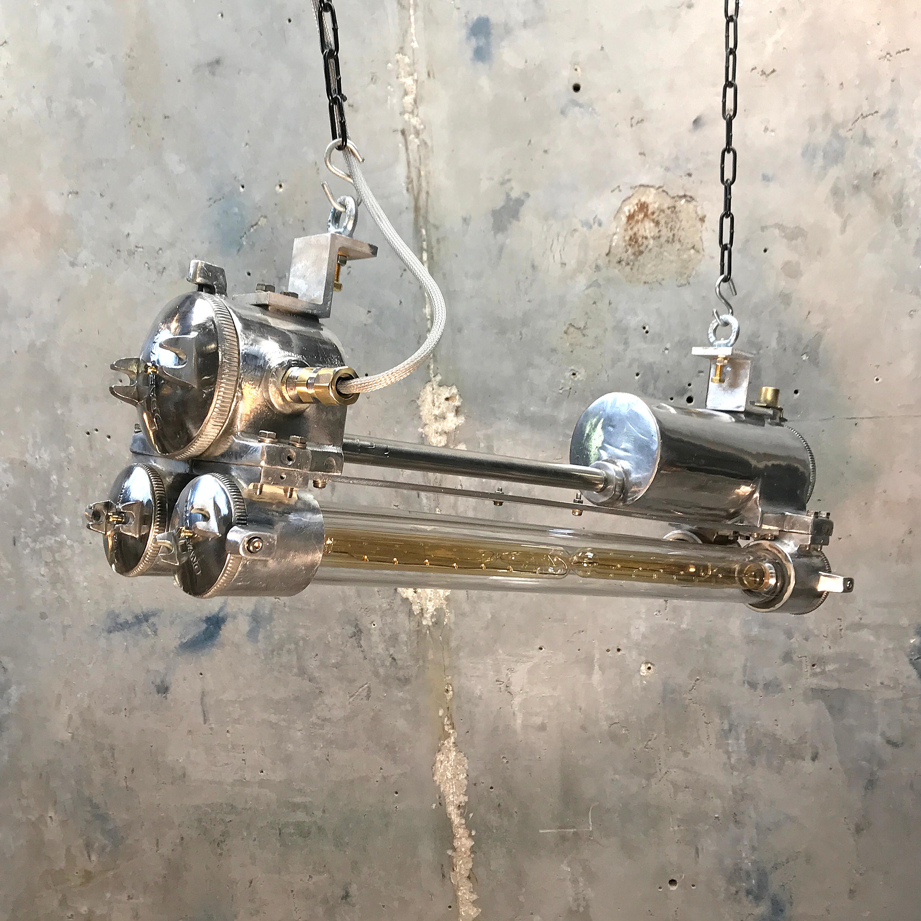 20th Century 1970s Industrial Aluminium, Brass and Glass Flame Proof Strip Light, Polished