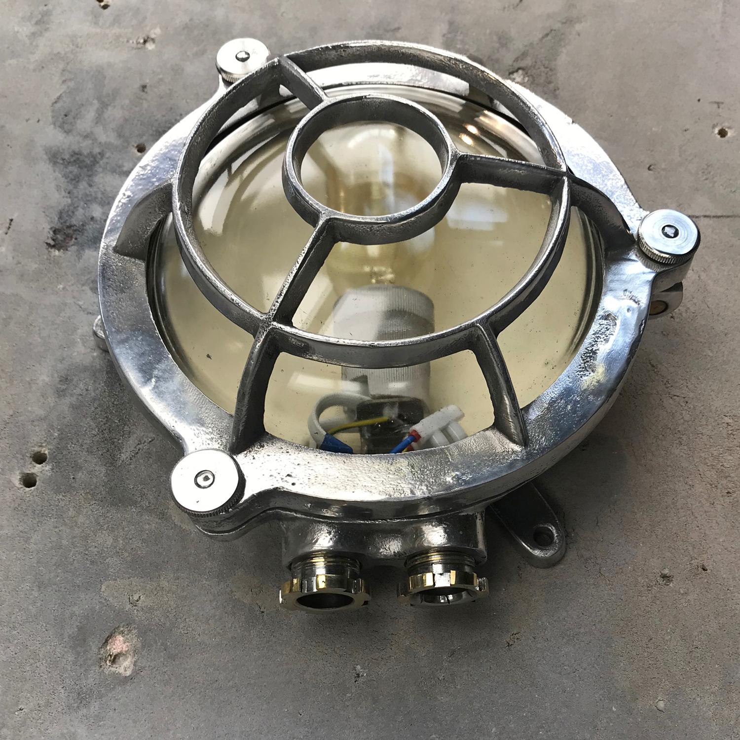 Machine-Made 1970s Industrial Aluminium Circular Wall Light, Glass Dome and Edison Bulb For Sale