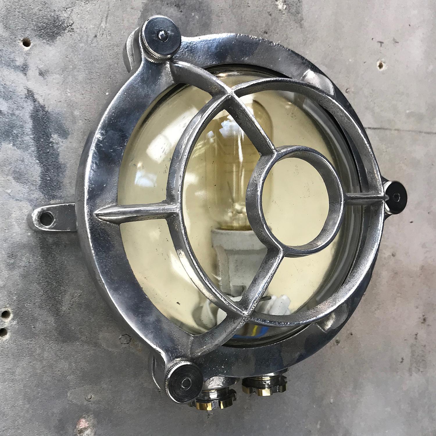 1970s Industrial Aluminium Circular Wall Light, Glass Dome and Edison Bulb For Sale 2