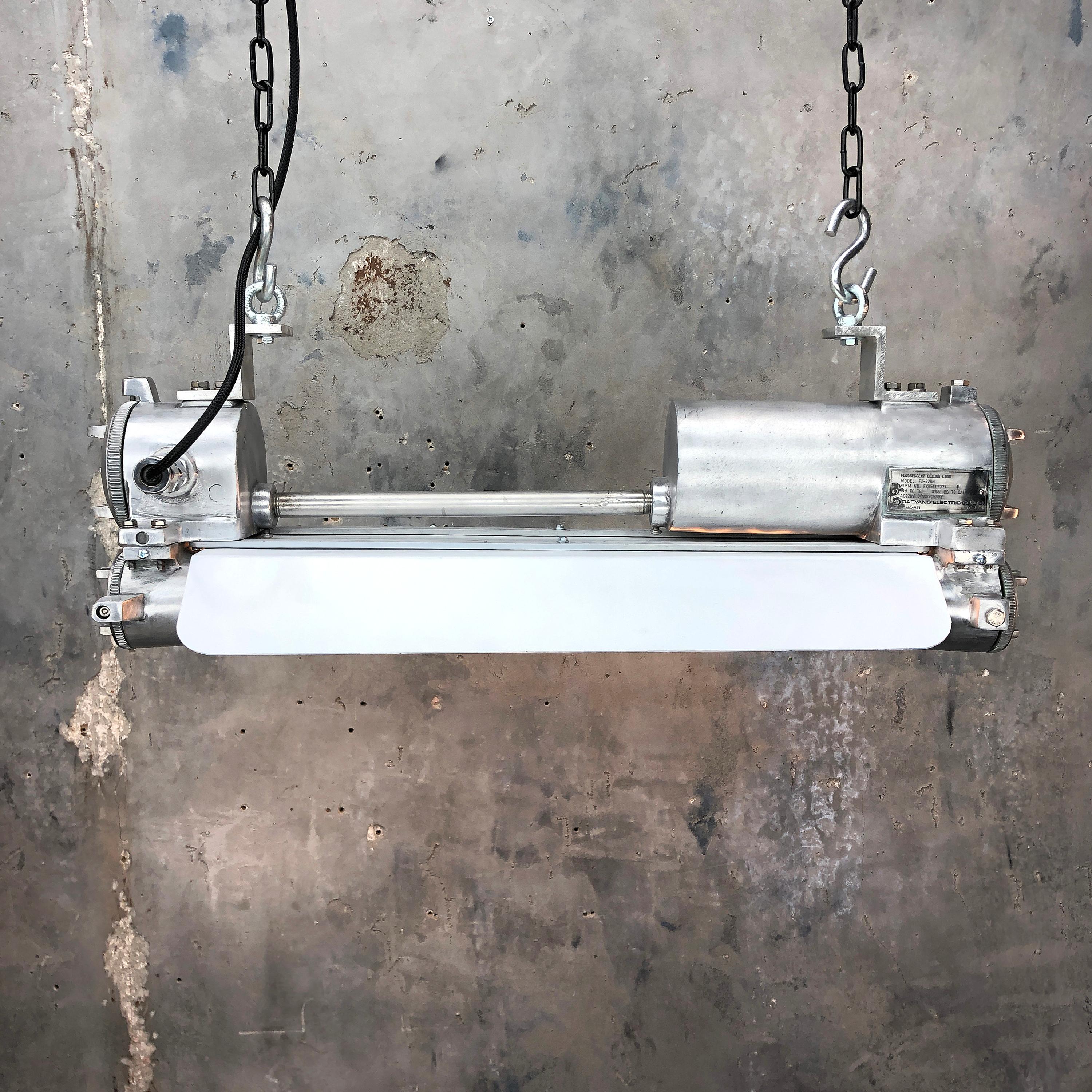 1970s Industrial Aluminum, Glass Edison Flame Proof Strip Light, White Shade For Sale 3