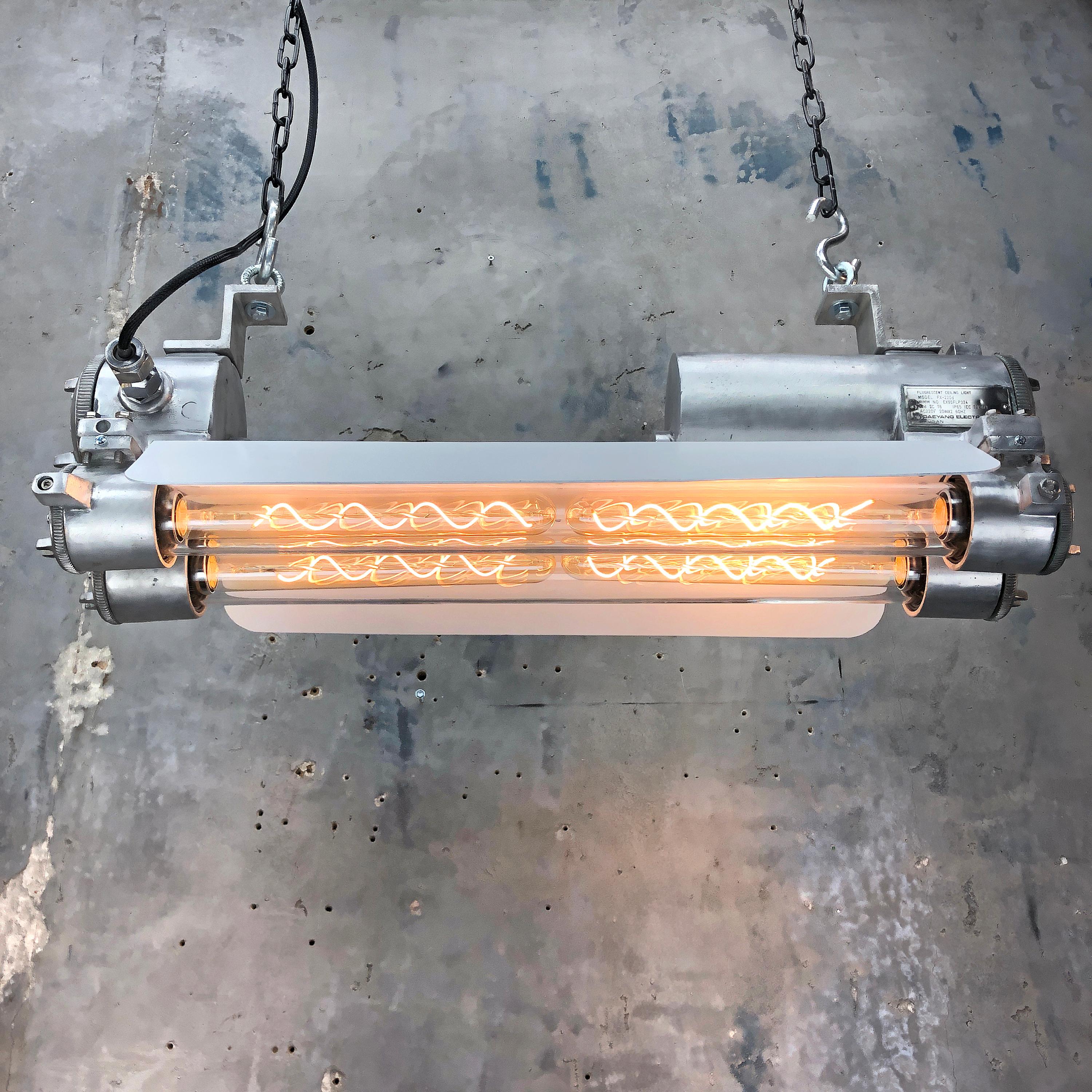 1970s Industrial Aluminum, Glass Edison Flame Proof Strip Light, White Shade For Sale 4