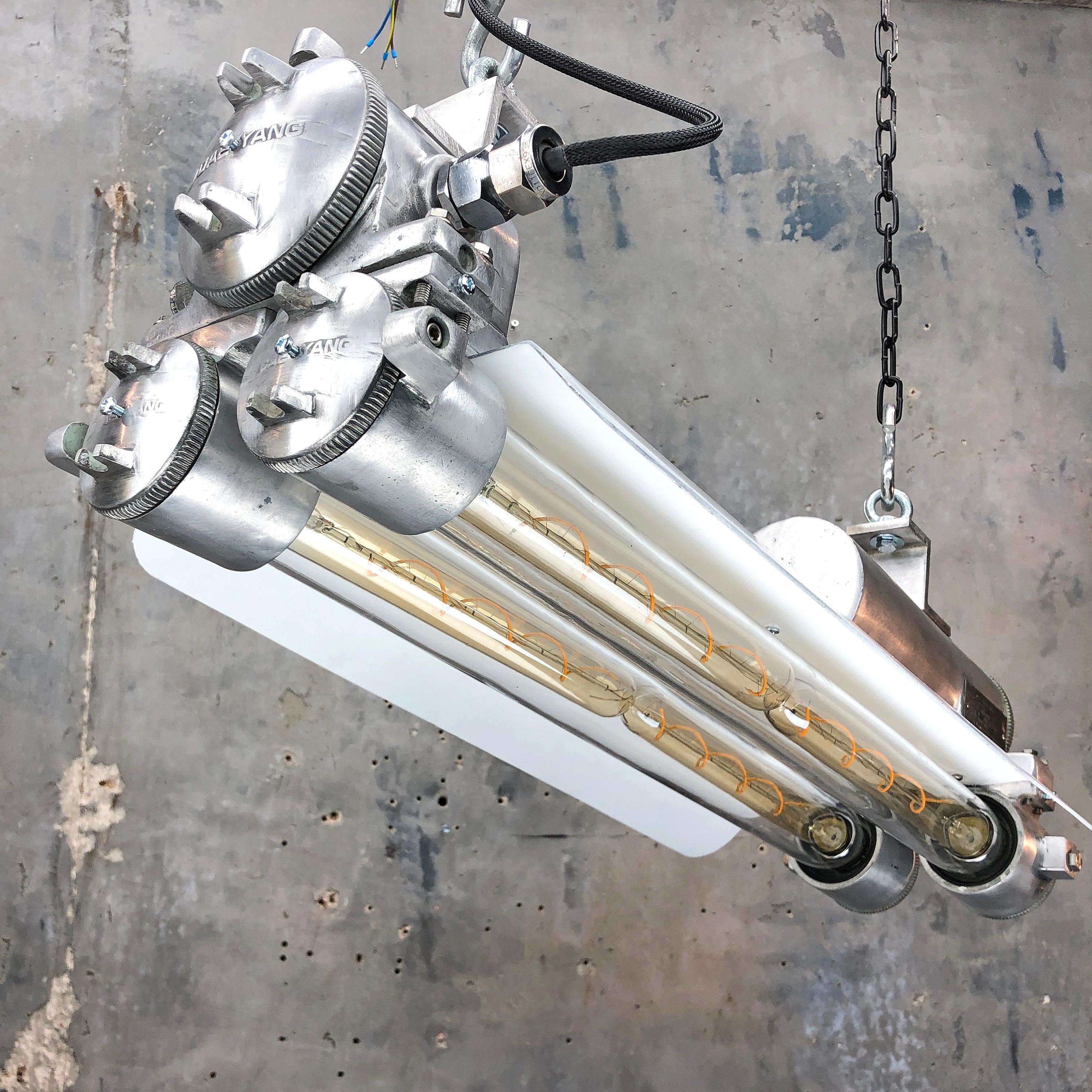 1970s Industrial Aluminum, Glass Edison Flame Proof Strip Light, White Shade For Sale 5