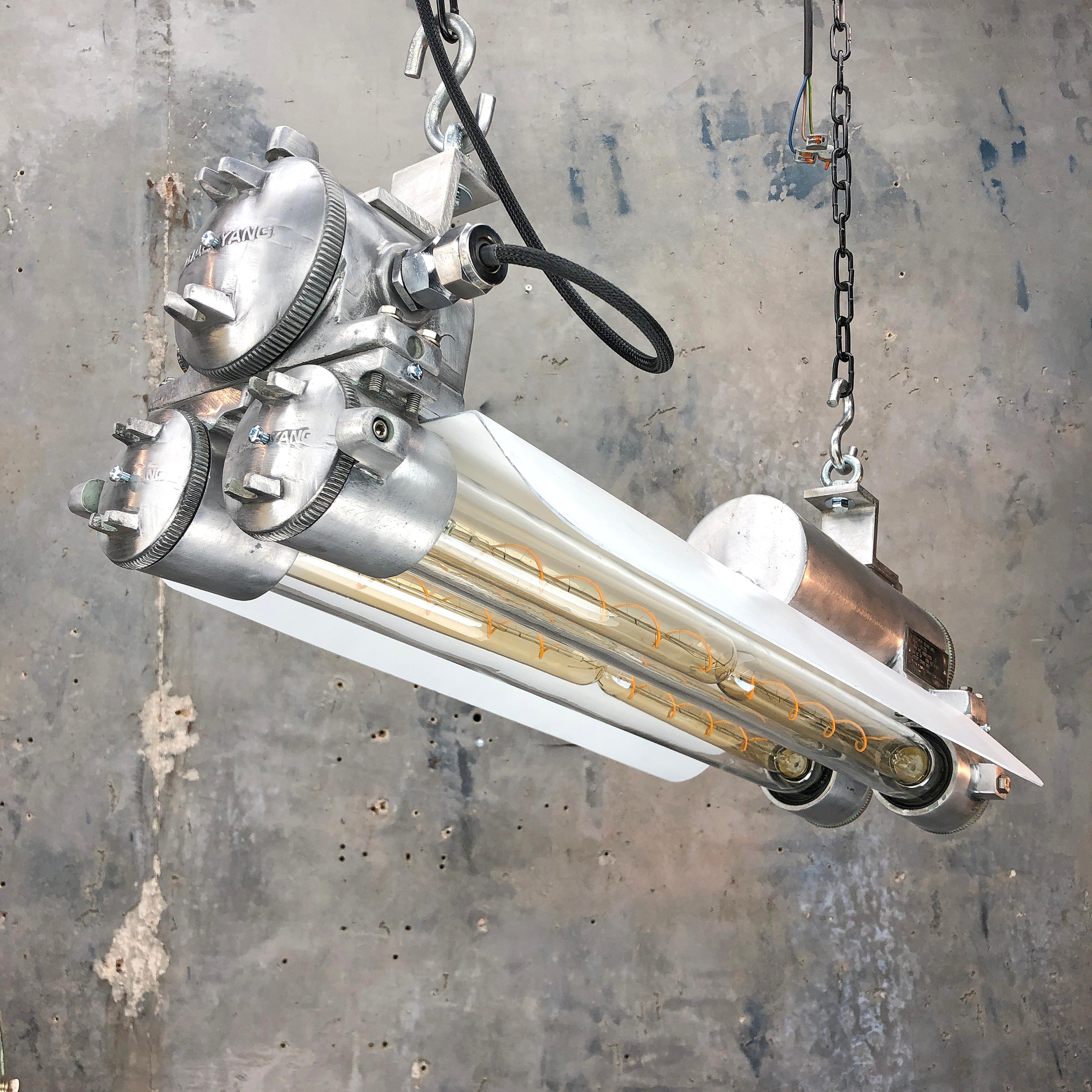 Cast 1970s Industrial Aluminum, Glass Edison Flame Proof Strip Light, White Shade For Sale