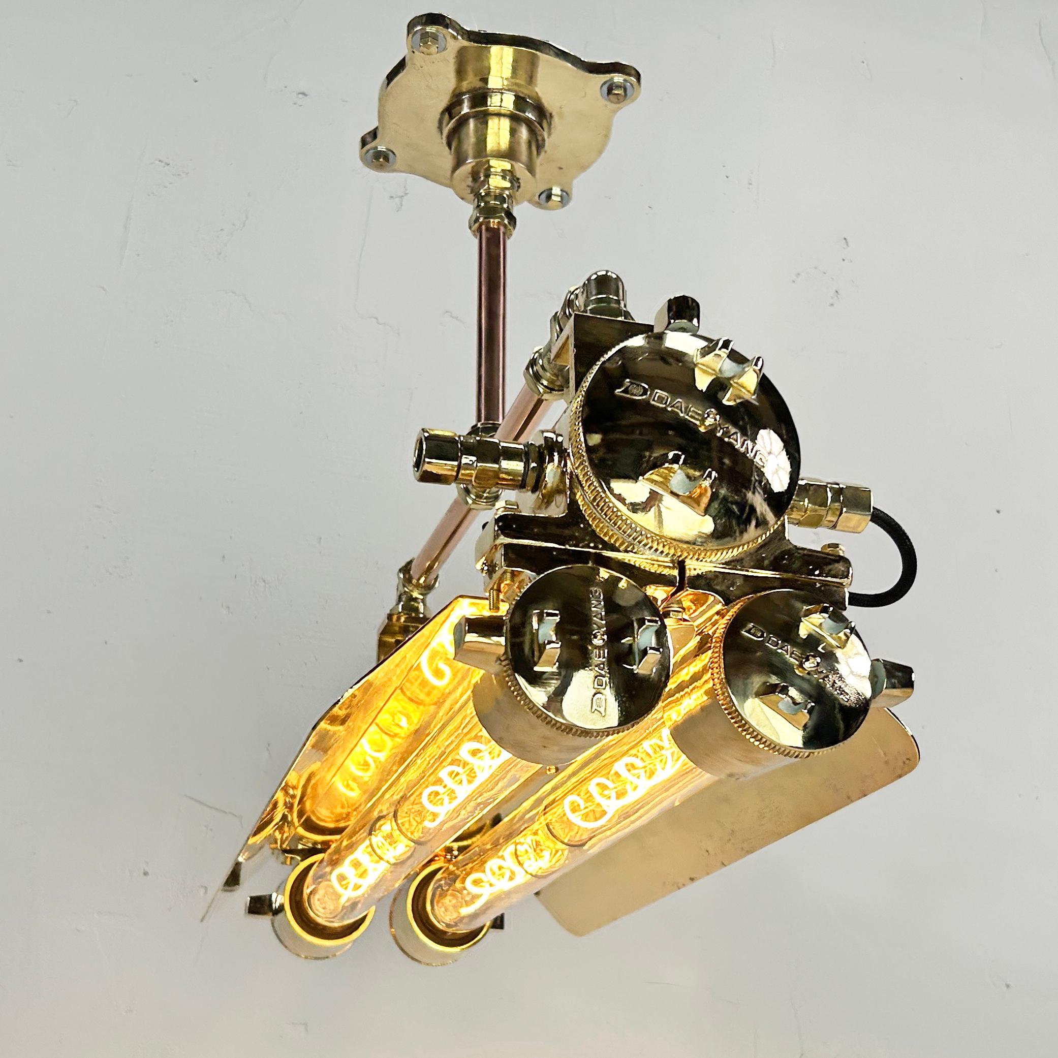 1970s Industrial Brass & Glass Flameproof Tube Light with Shades & Edison Lamps For Sale 3