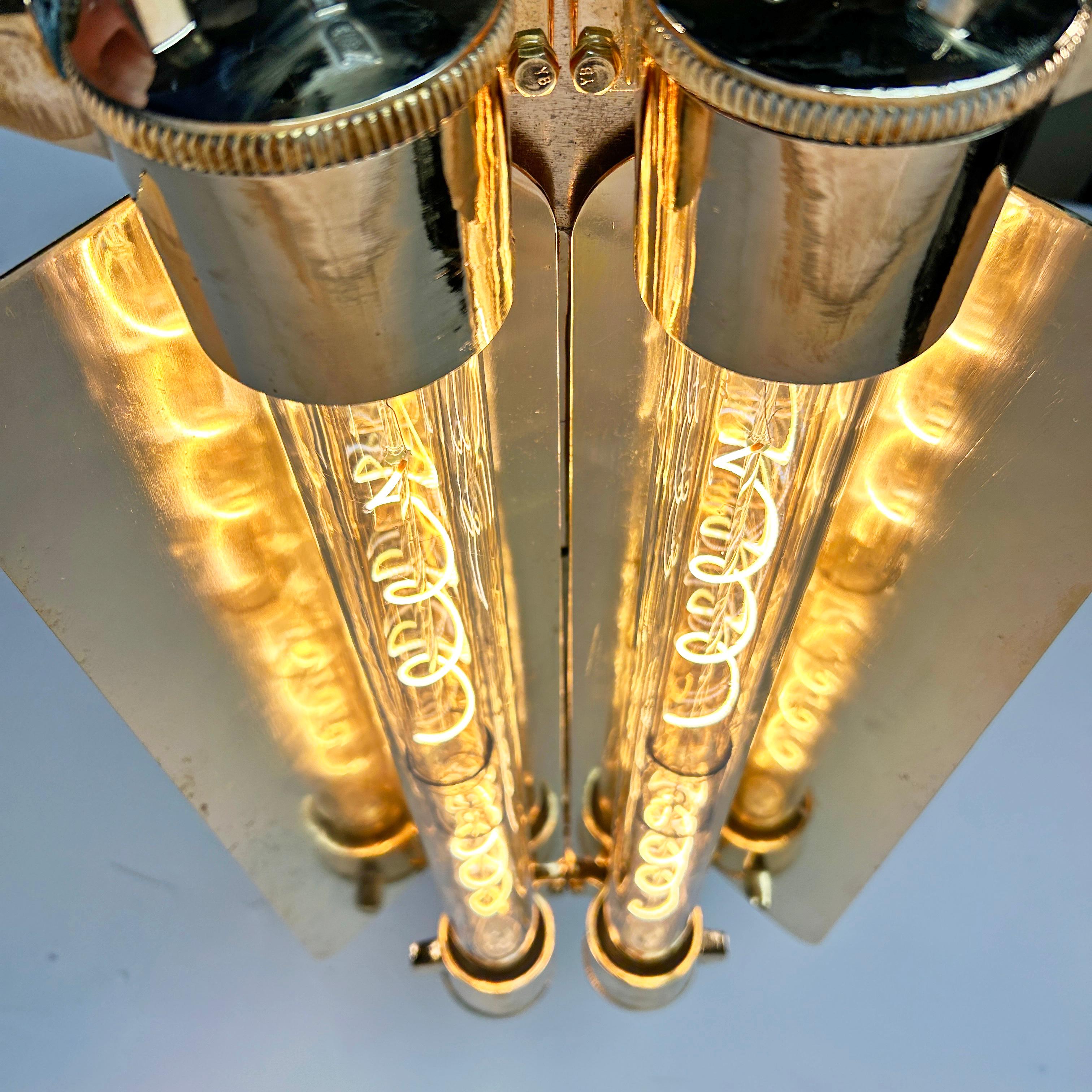 1970s Industrial Brass & Glass Flameproof Tube Light with Shades & Edison Lamps For Sale 11