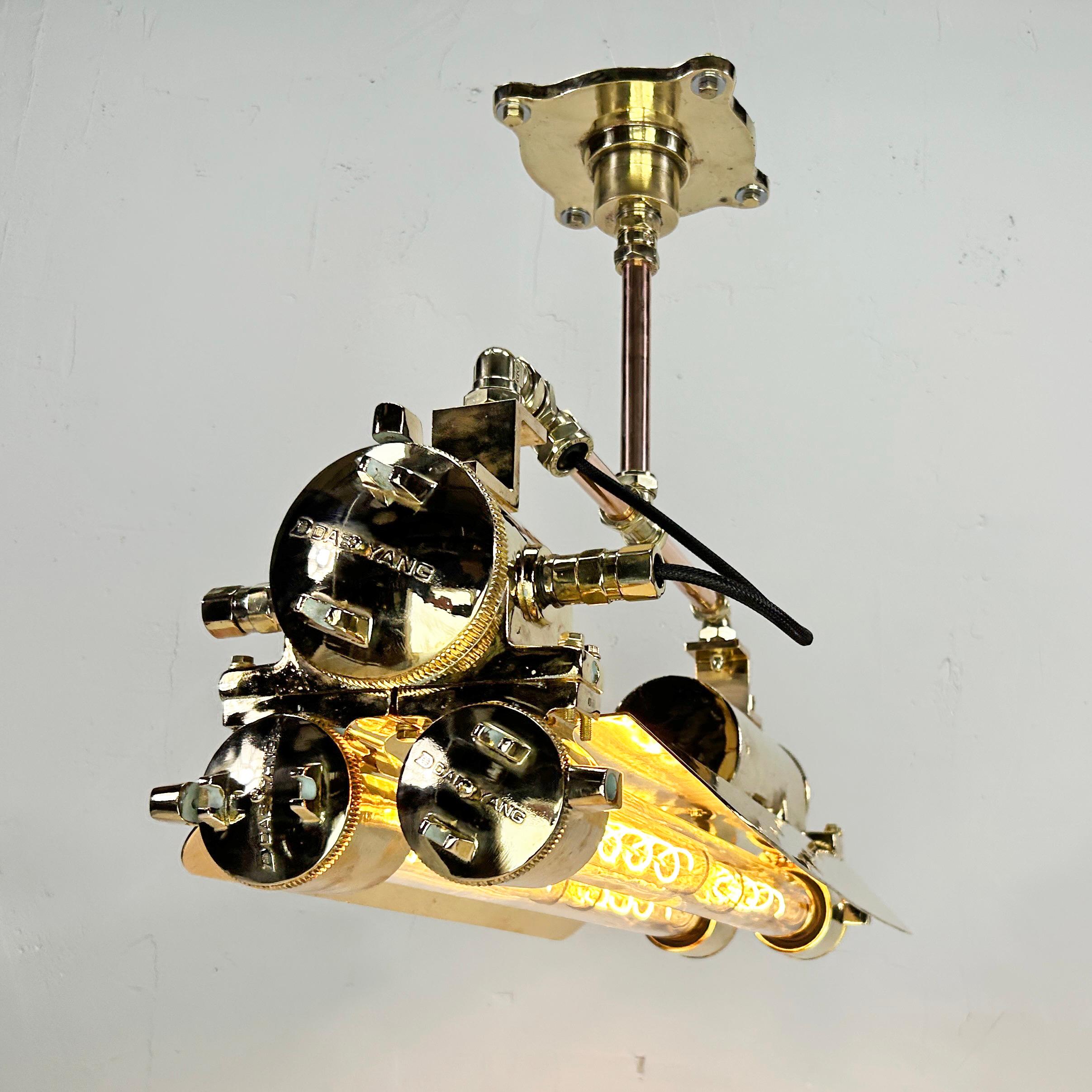 Korean 1970s Industrial Brass & Glass Flameproof Tube Light with Shades & Edison Lamps For Sale