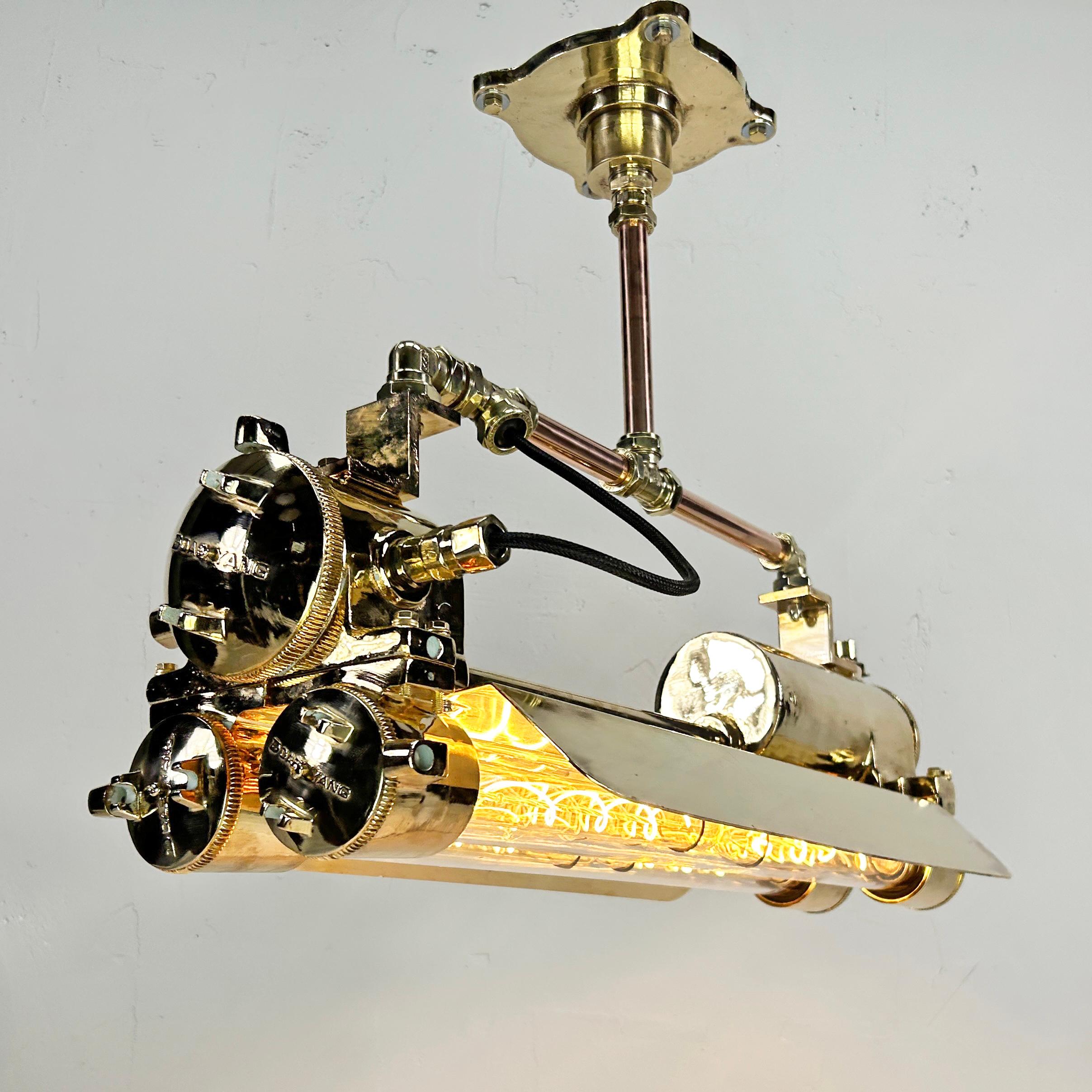 Cast 1970s Industrial Brass & Glass Flameproof Tube Light with Shades & Edison Lamps For Sale